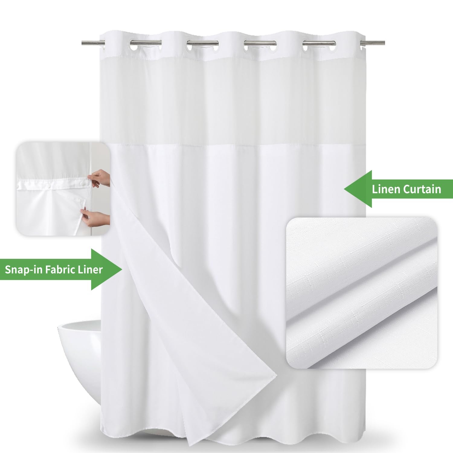 Eachope Long No Hooks Needed Linen Textured Shower Curtain With Snap-In Fabric Liner Set,White Hotel Luxury Decor Shower Curtain