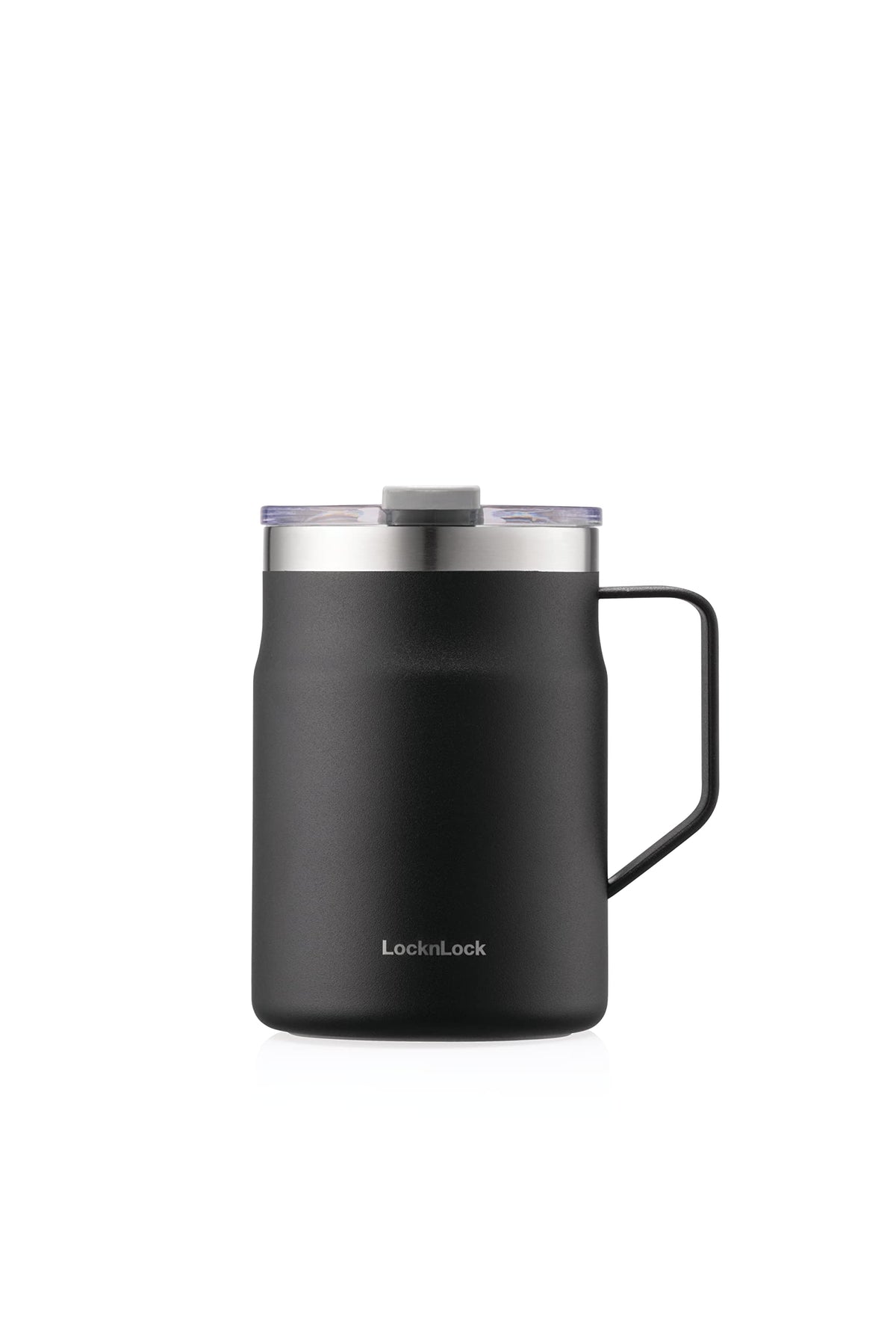 Locknlock Metro Mug Premium 18/8 Stainless Steel Double Wall Insulated With Handle Perfect For Table With Lid, Black, 16 Oz