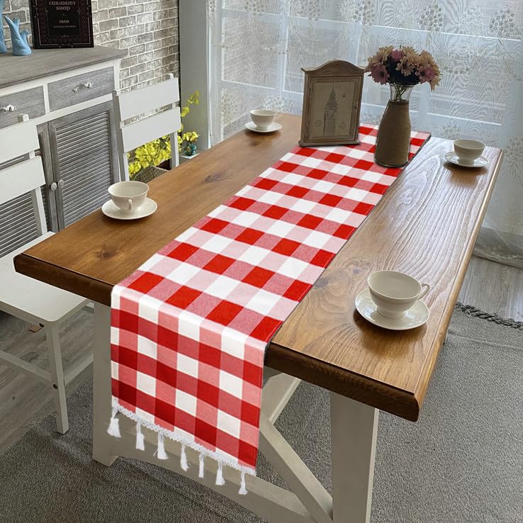 Duobao Checkered Table Runner 14X90-Inch Red And White Buffalo Plaid Tablecloth Runners With Tassels Farmhouse Gingham Fabric 90
