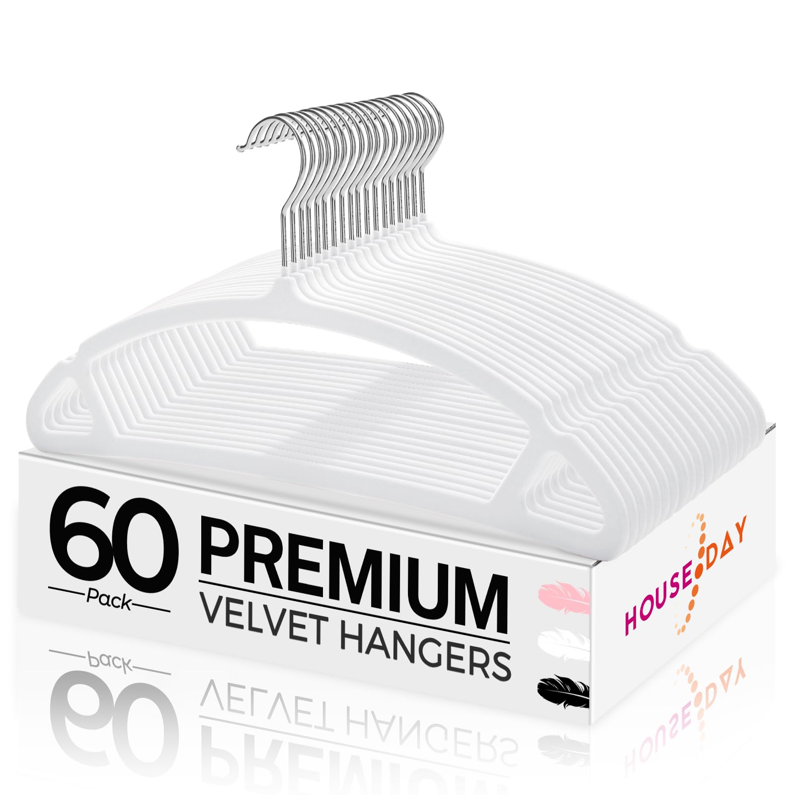 House Day White Velvet Hangers 60 Pack, Luxury Felt Hangers Non Slip Clothes Hangers, Space Saving White Hanger Heavy Duty Coat