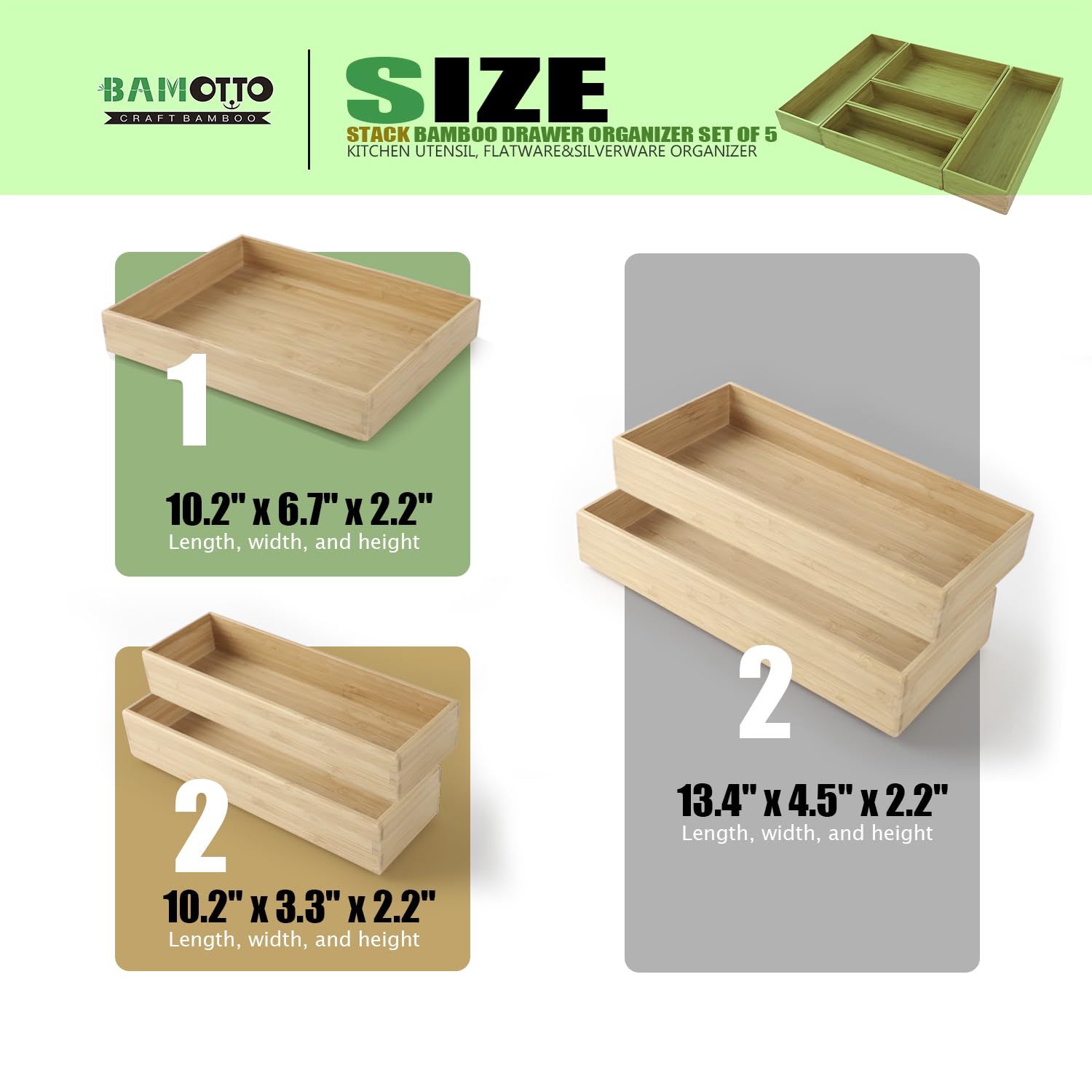Bamotto Stack Bamboo Drawer Organizer Set Of 5, Kitchen Utensil, Flatware&Silverware Organizer-Wood Laminated Stackable Drawer O