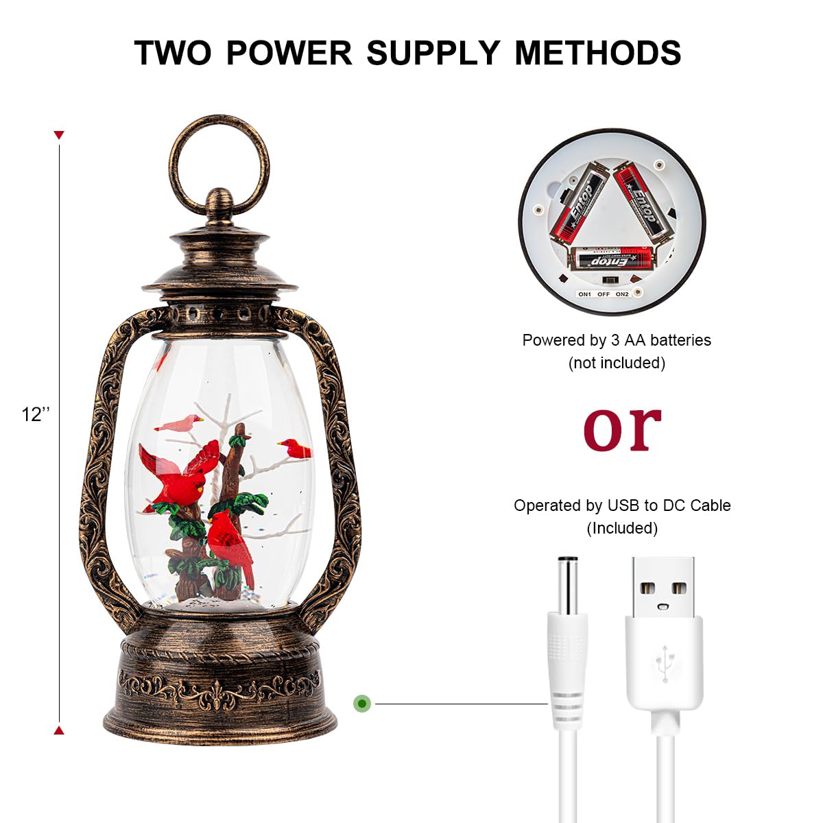 12'' Lighted Cardinals Snow Globe Lantern, Music Water Lantern with Swirling Glitter Decoration for Christmas Home, Living Room,