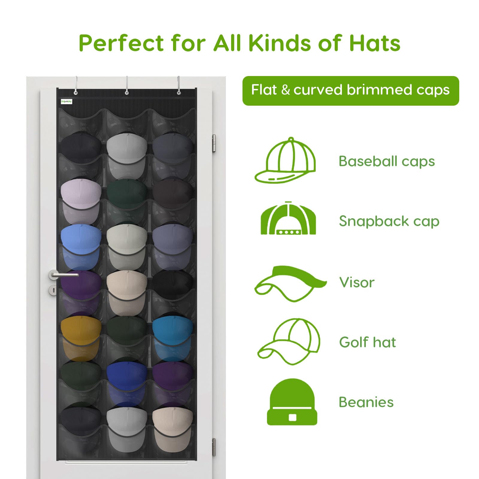 Unjumbly Over Door Hat Rack - 24 Pocket Baseball Cap Organizer, Black, Oxford 600D Fabric, Includes 3 Over Door Hooks