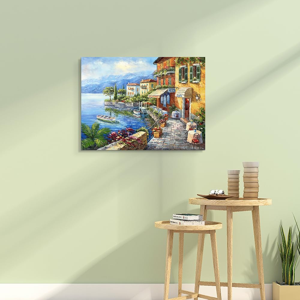 Sd Soft Dance Mediterranean Town Painting Canvas Print - Coastal City Artwork Wall Art Reproduction For Living Room (18'' X 24''