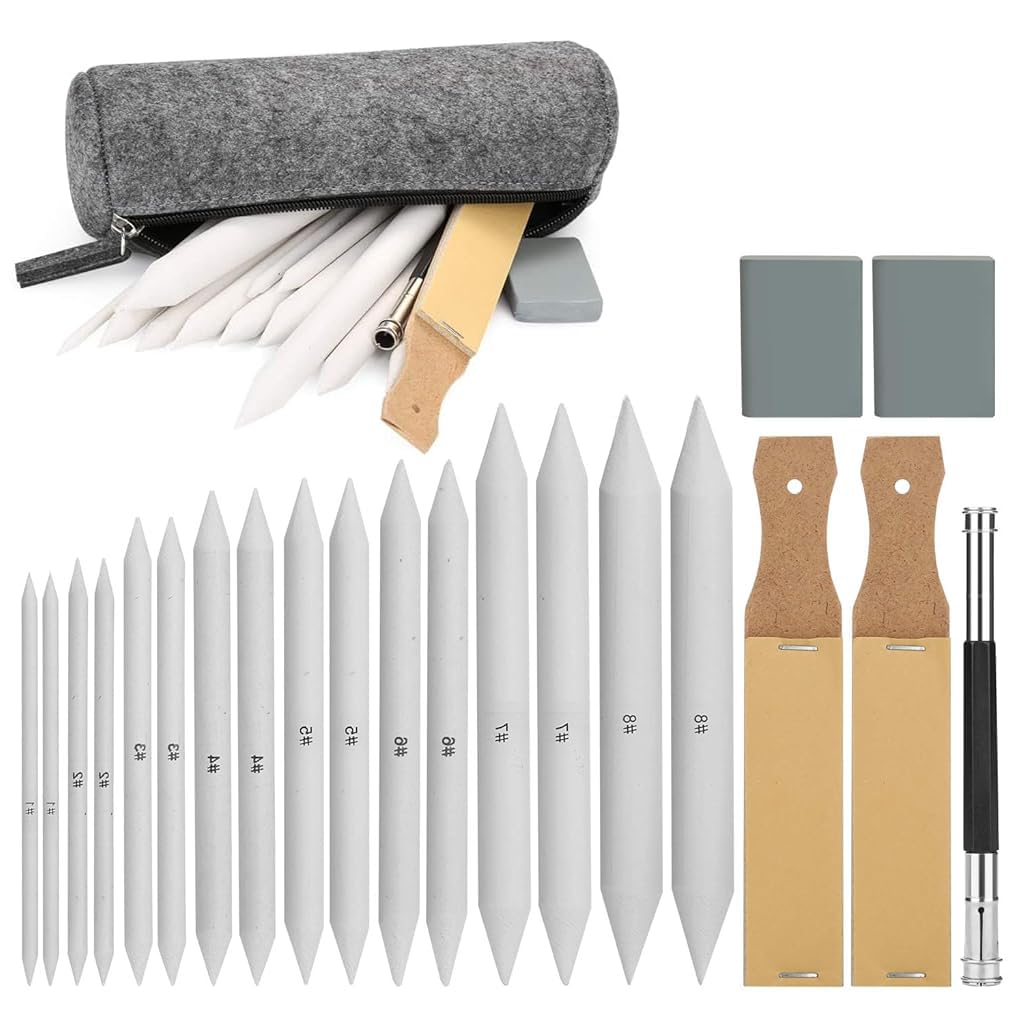 Hasthip 22Pcs Sketching Kit  Including 16 Blending Stumps Set With 2 Sandpaper Pencil Sharpeners, 1 Pencil Extension Tool, 2 Er