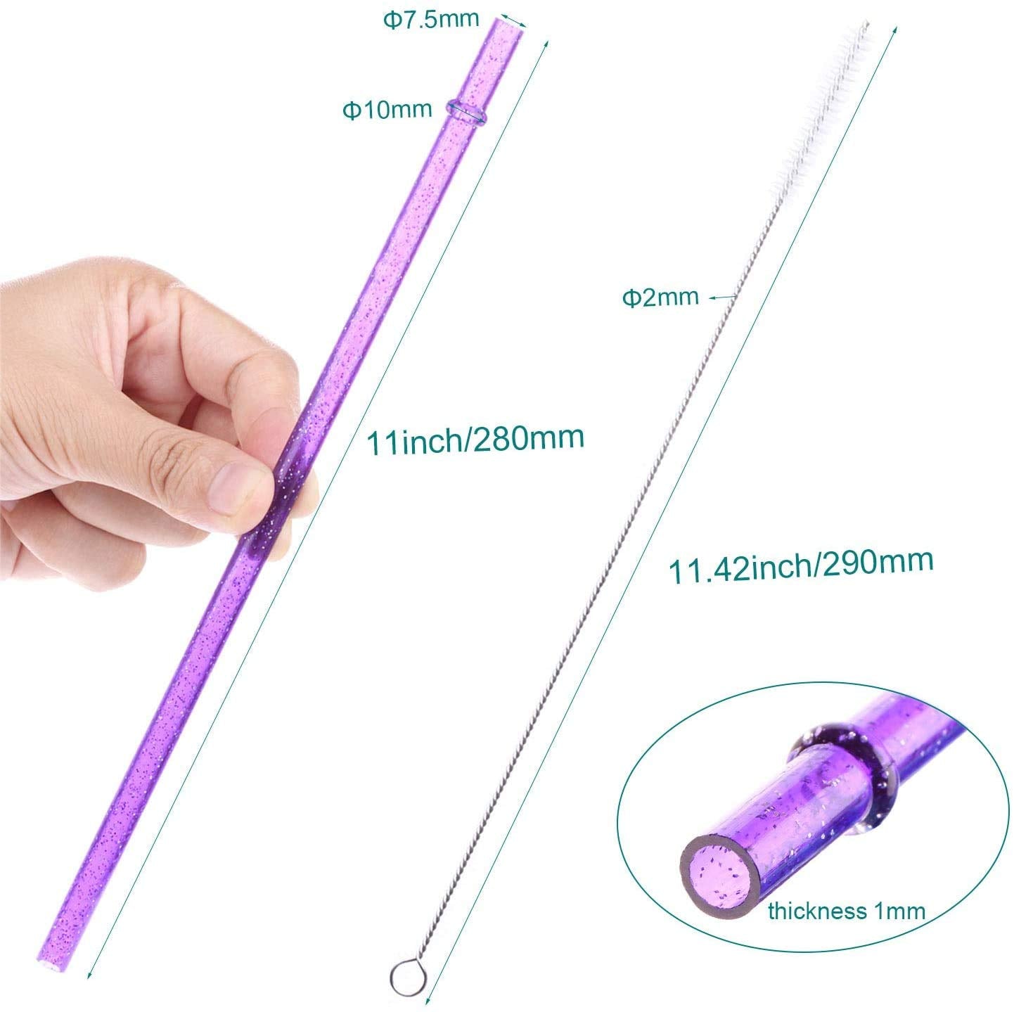 Dakoufish BPA-Free 12 Piece 11 Inch Reusable Clear Plastic Glitter Sparkle Drinking Straw Plus one Cleaning Brush (6color 11inch)