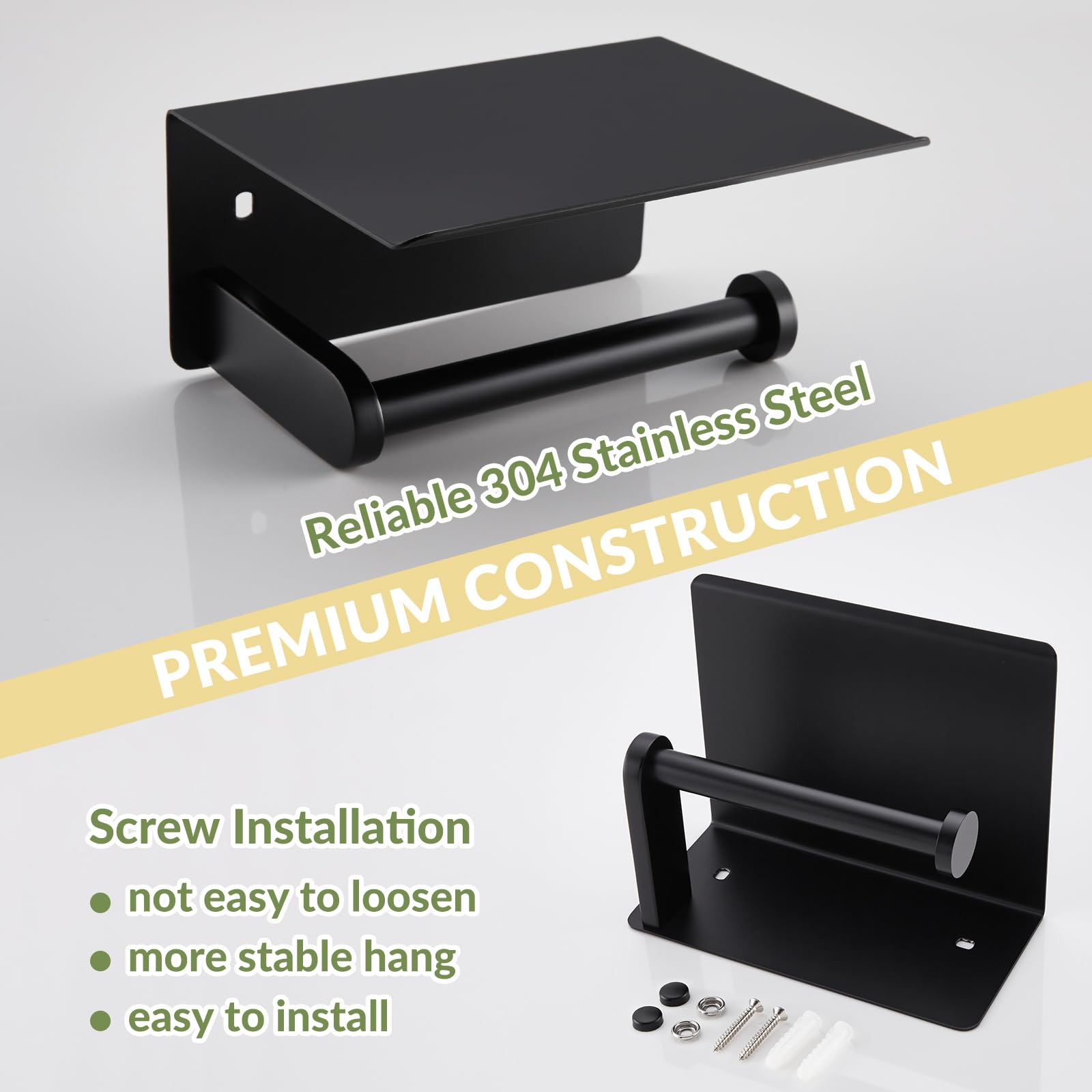 Toilet Paper Holder with Phone Shelf  APLusee SUS 304 Stainless Steel Bathroom Tissue Holder  Wall Mounted Roll Paper Dispenser  Matte Black