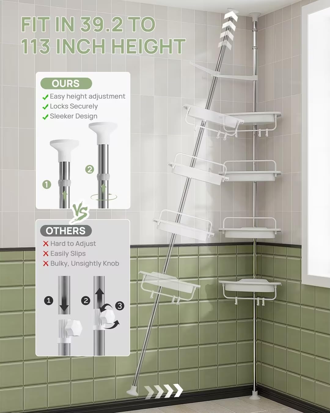 Allzone Rustproof Shower Caddy Corner For Bathroom, Tension Corner Shower Caddy Tension Pole, Solid Shower Organizer With 4 Adju