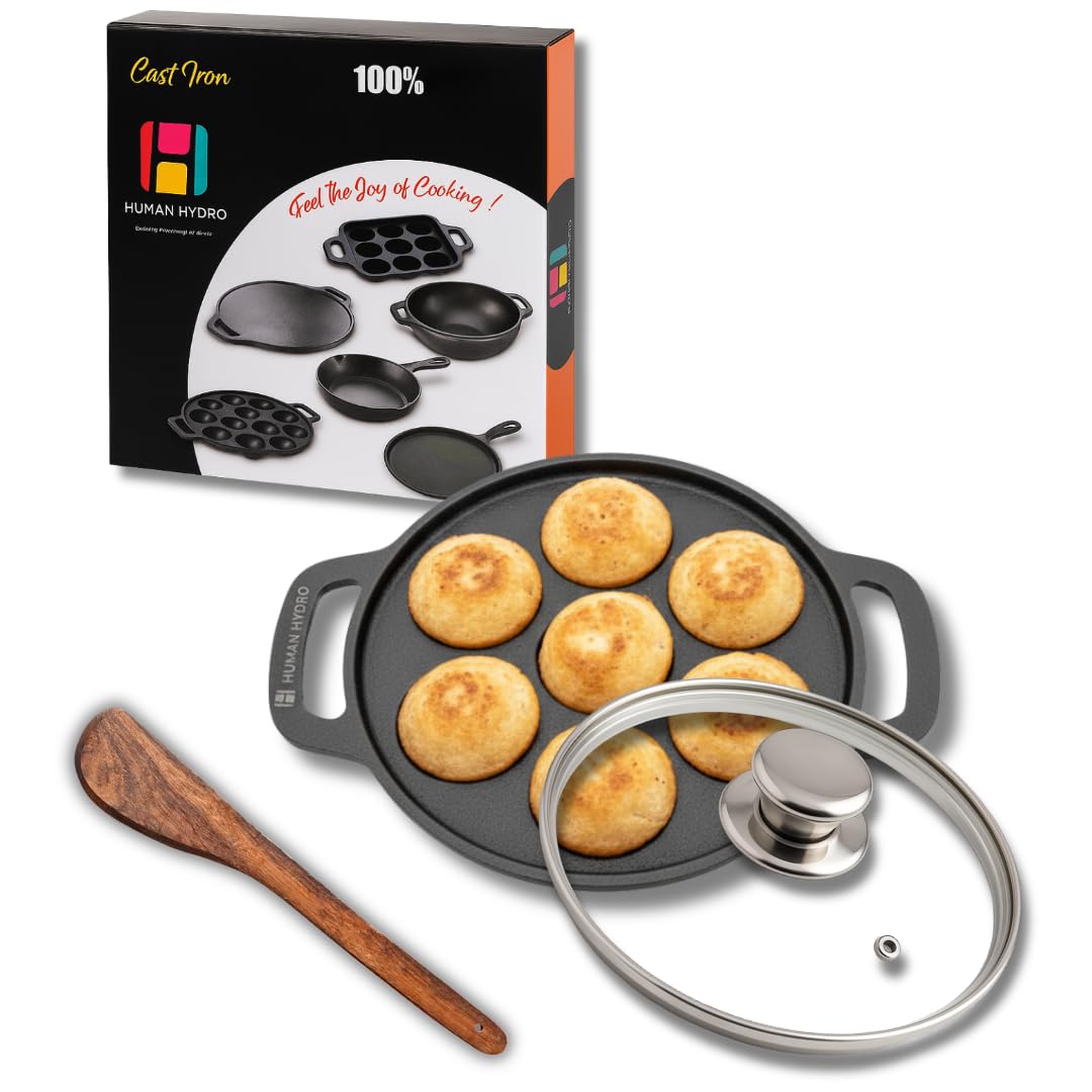 Human Hydro Pre-Seasoned Cast Iron Paniyaram Pan (7-Pit) With Lid & Wooden Spatula | Naturally Nonstick, Induction & Gas Compati