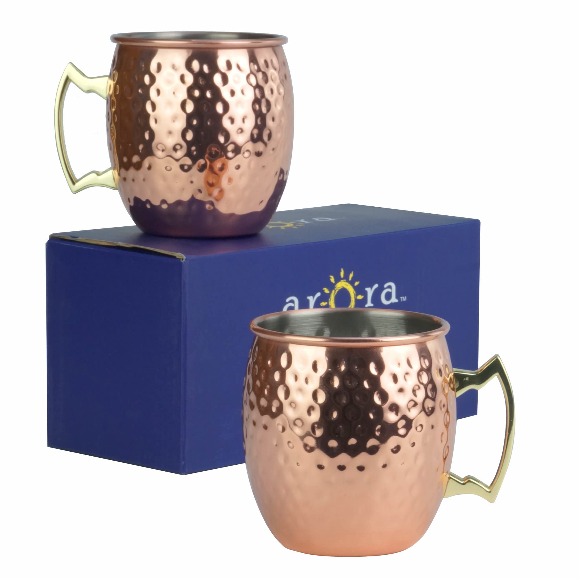 Arora Moscow Mule Mug, Set Of 2 Copper Hammered, Durable For Home Dining, Max Capacity 20Oz, 3.7'' D X 3.9'' H