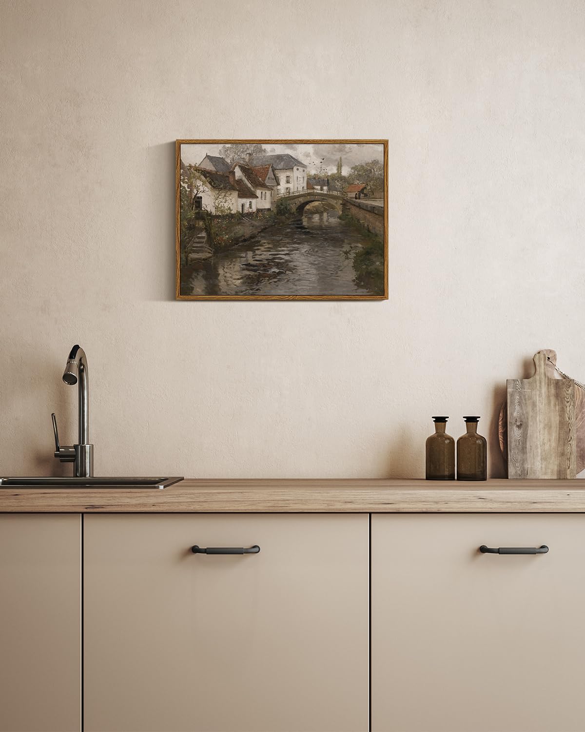 Insimsea Framed Canvas Wall Art Vintage Decor, Landscape Wall Art, Riverside Small Town Pictures Home Decor, Rustic Farmhouse Wa