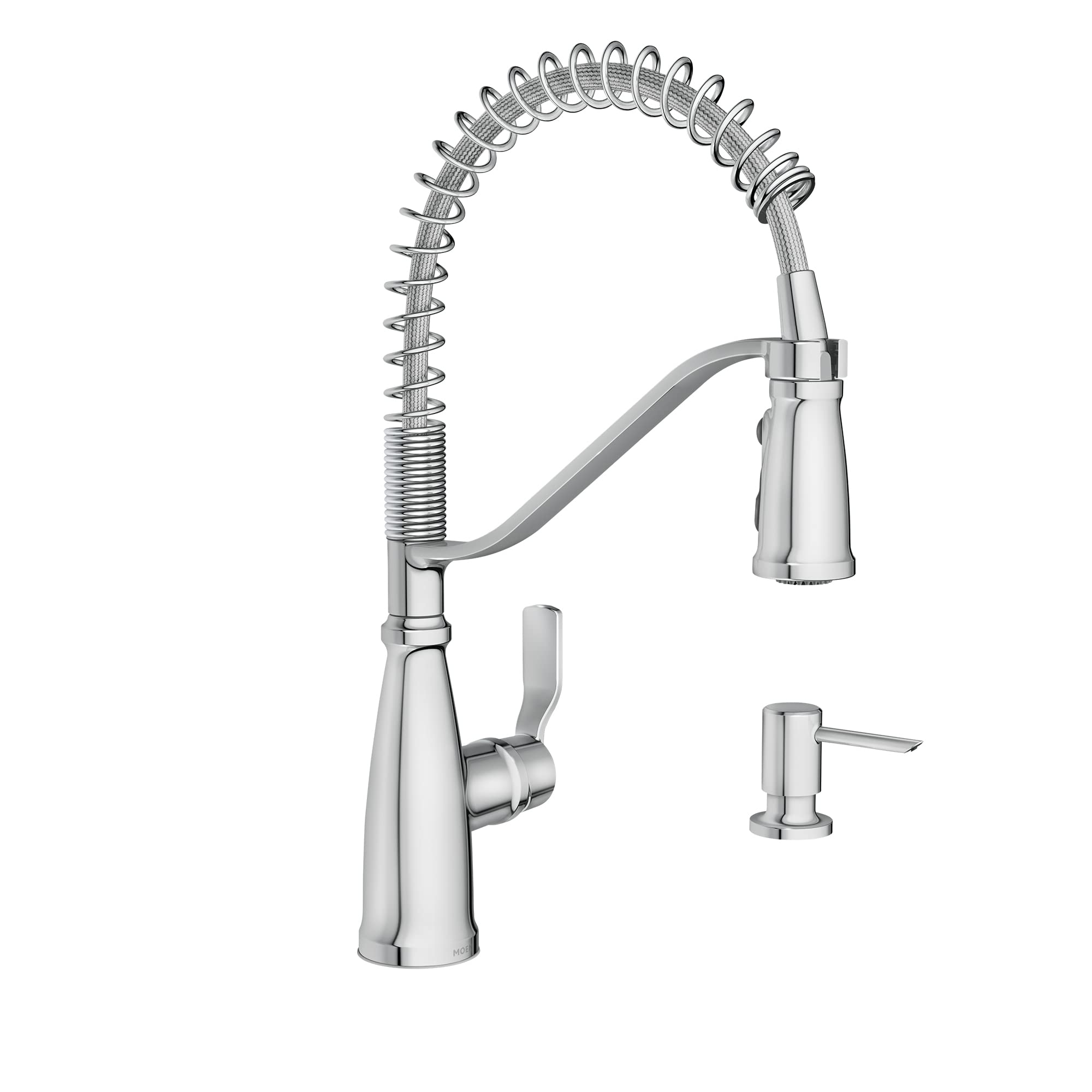 Moen Nolia Chrome One-Handle Pre-Rinse Spring Kitchen Faucet With Pull Down Sprayer, Single Hole Kitchen Sink Faucet With Soap D