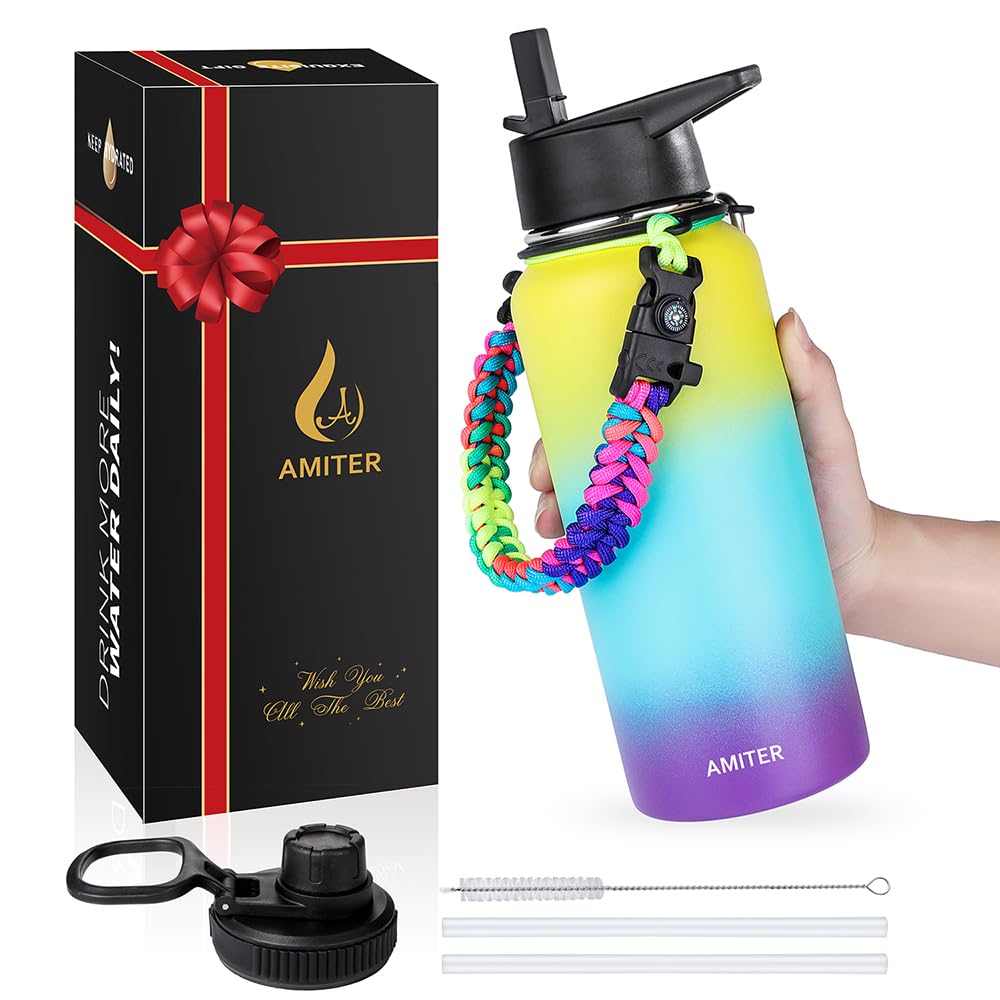 Amiter Insulated Bottle With Straw & Spout Lid, Wide Mouth Stainless Steel Water Bottles With Paracord Handle - 22Oz