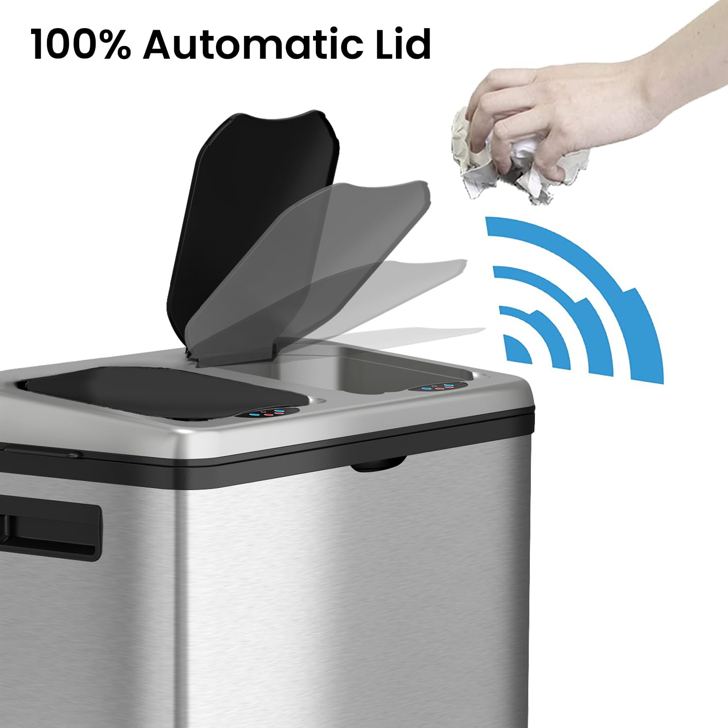 Itouchless 16 Gallon Touchless Sensor Kitchen Trash Can And Recycle Bin With Wheels, 60 Liter Stainless Steel Dual-Compartment (