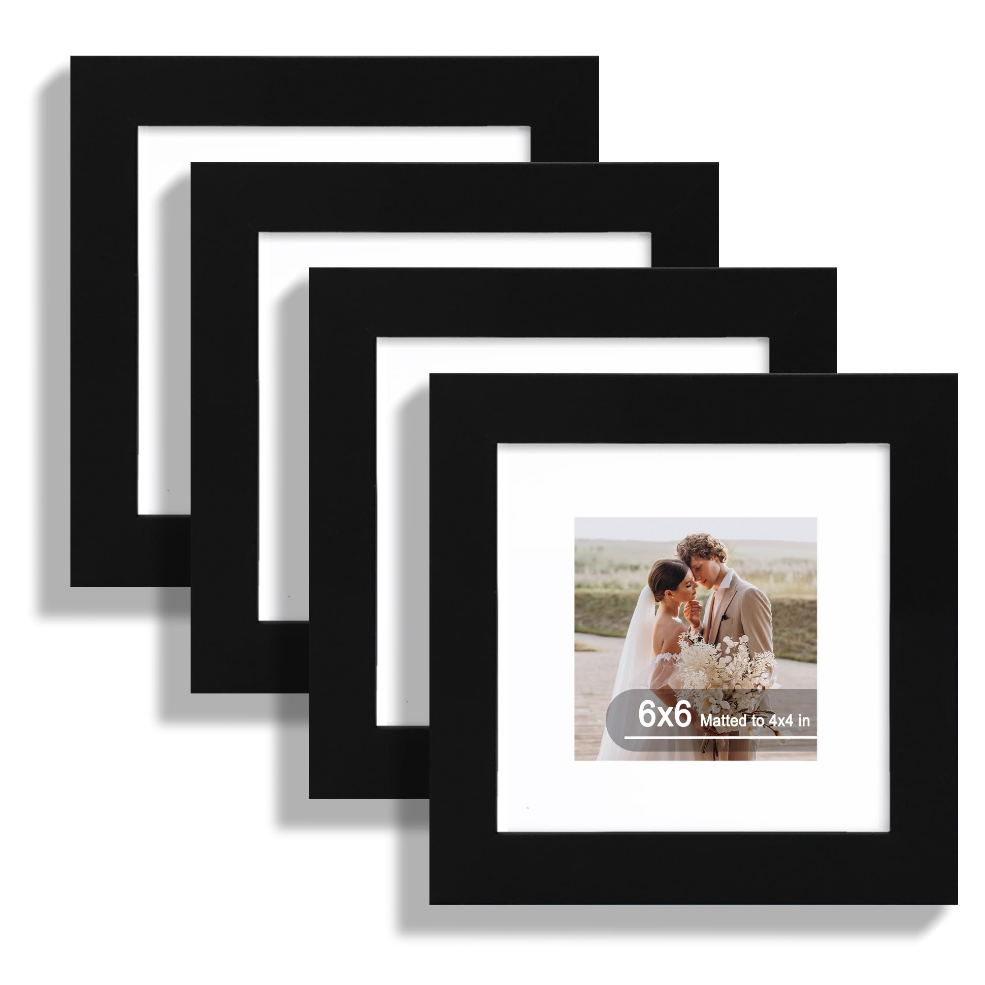 Hongkee 6x6 Picture Frame Set of 4, Made of Real Glass and Black Wooden Frame - Display Picture 4x4 with Mat or 6 x 6 Without Ma