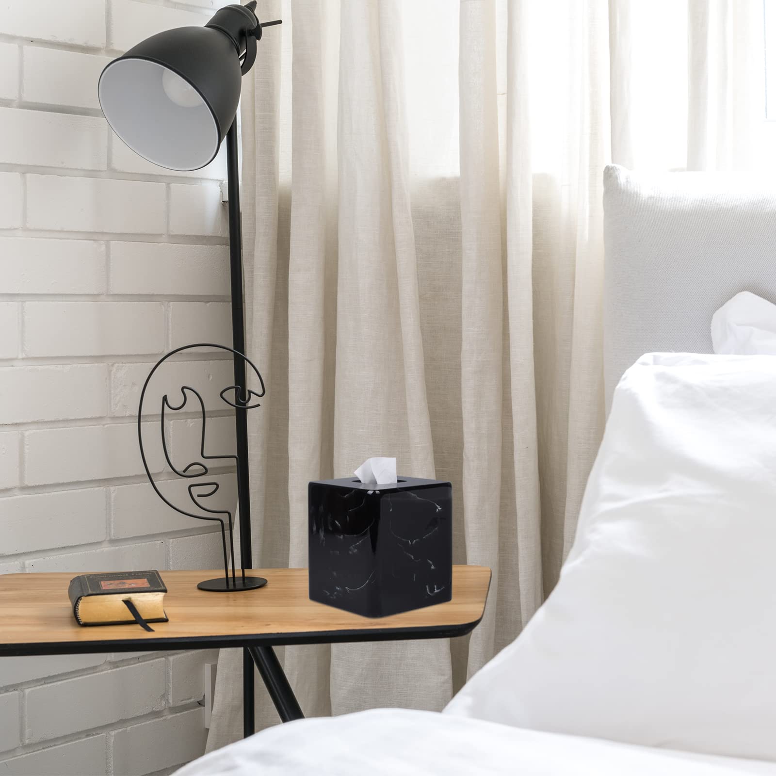 Jungford Square Tissue Box Cover, Facial Napkin Holder For Living Room Office Bathroom, Marble Pattern Made Of Resin (Black)