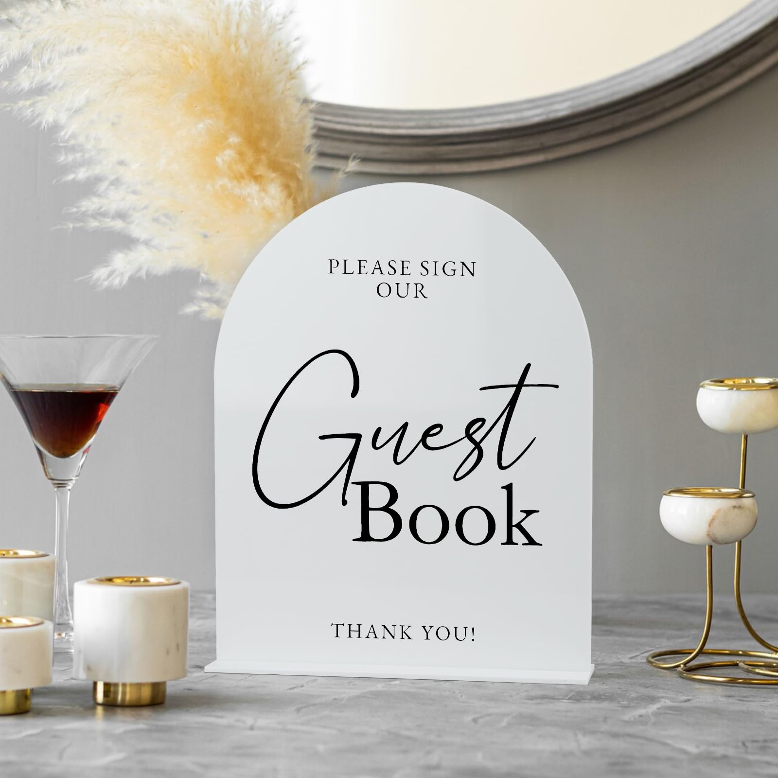 White Arch Acrylic Wedding Sign- 8x10 Guest Book Sign and Base,1/8 Thick | Modern Calligraphy Arched Acrylic Table Sign for Wedd
