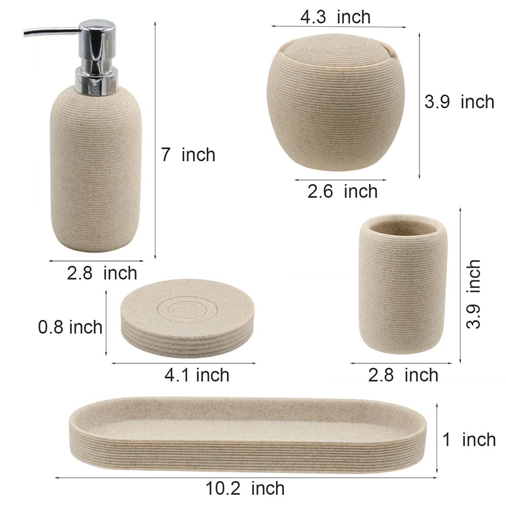 Beige Resin Bathroom Accessory Set, 5 Pcs Bathroom Accessories Set With Lotion Dispenser,Soap Dish,Toothbrush Holder,Vanity Tray