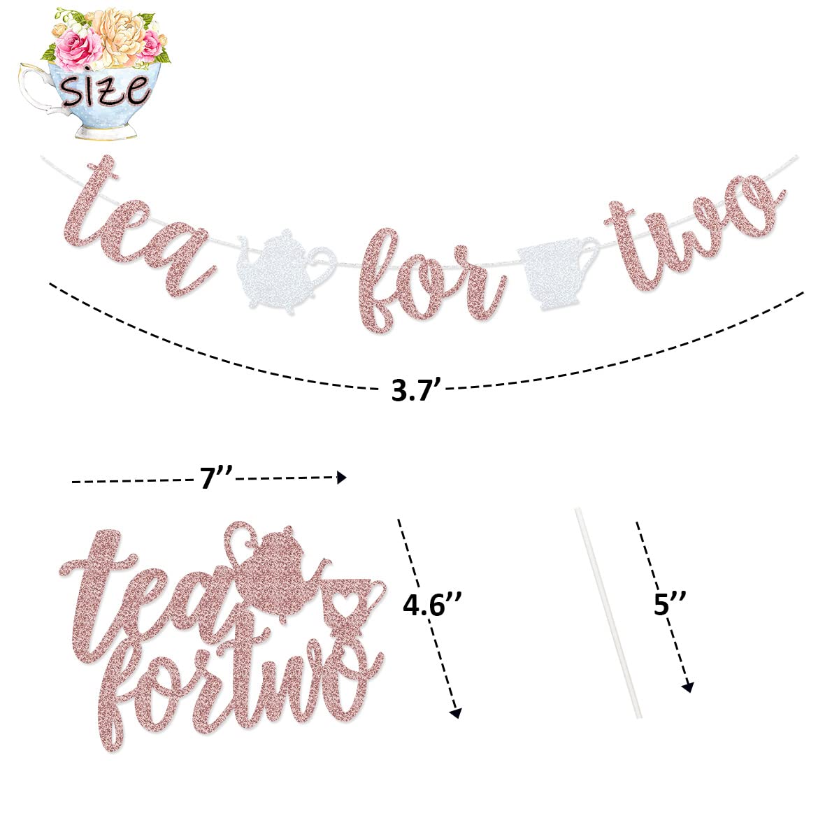 Tea for Two Rose Gold Glitter Banner Sign Garland With Teapot Teacups Pre-strung & Tea for Two Cake Topper for 2nd Second Birthday Tea Party Decorations
