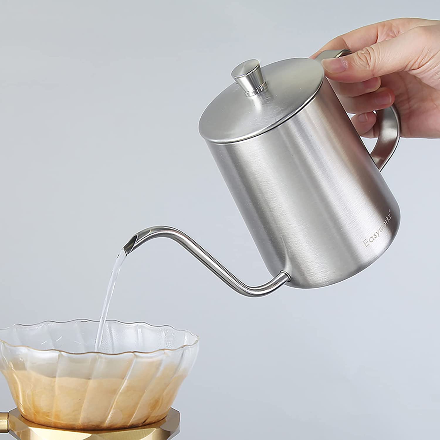 Easyworkz Gage Gooseneck Pour Over Coffee Kettle 20 Oz Stainless Steel Hand Drip Long Narrow Spout, Silver