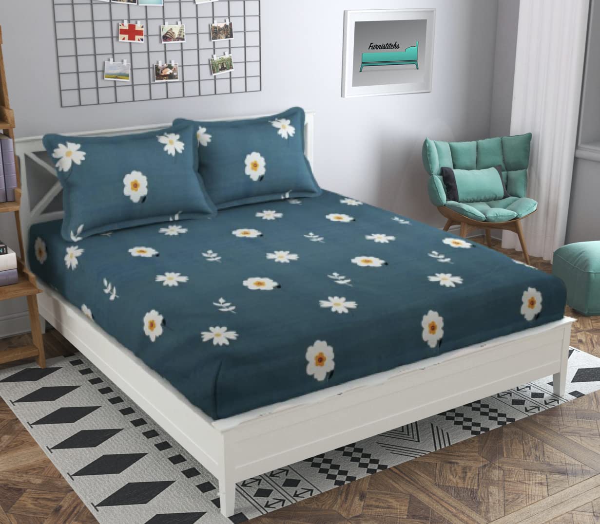 Furnistitchs King Size Bed Cover Elastic Fitted Bedsheet With 2 Pillow Covers 72X78X10 Inches, (Green Floral)