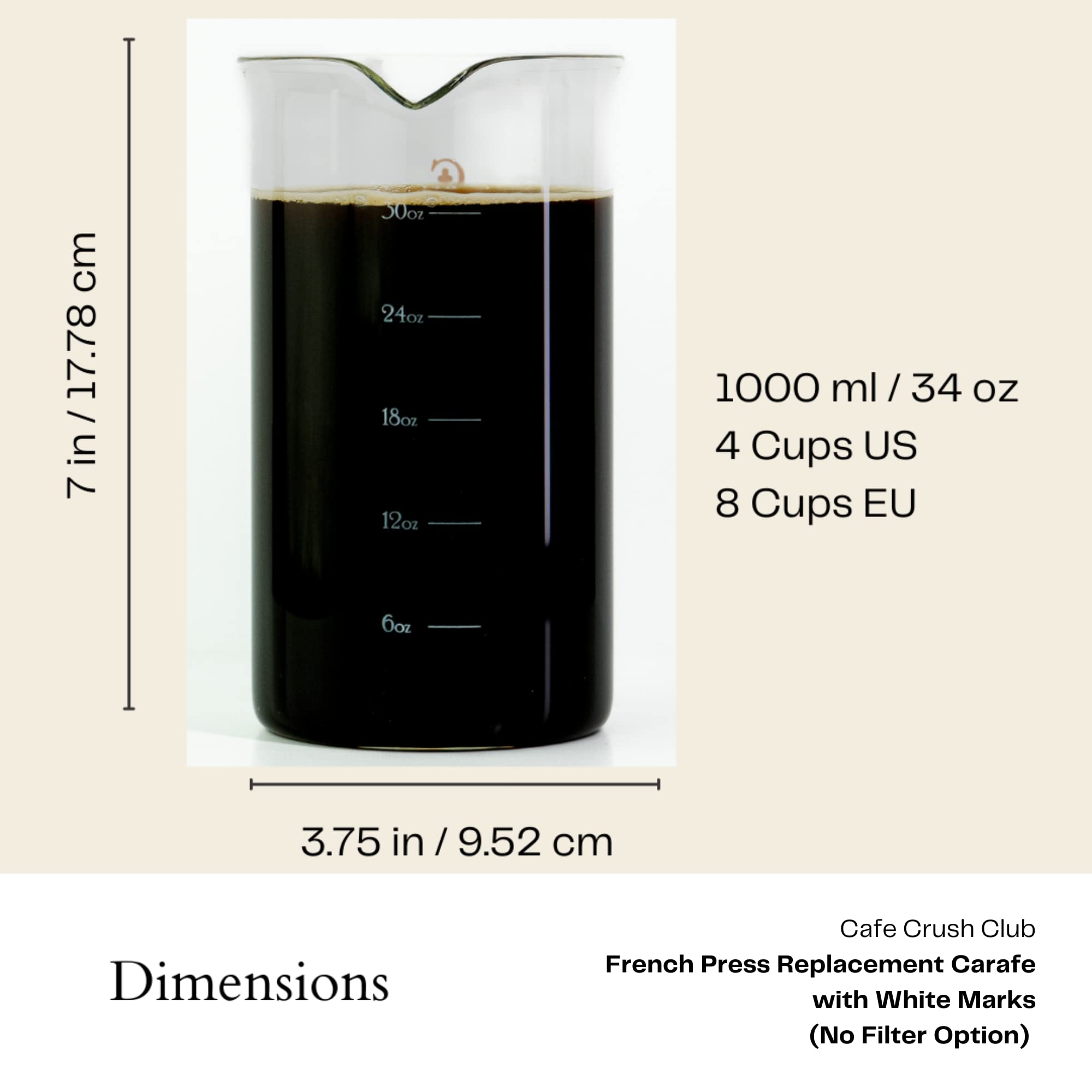 French Press Replacement Glass By Cafe Crush Club - Fire Hardened Borosilicate Beaker - 34 Ounce 1 Liter Size With White Measure
