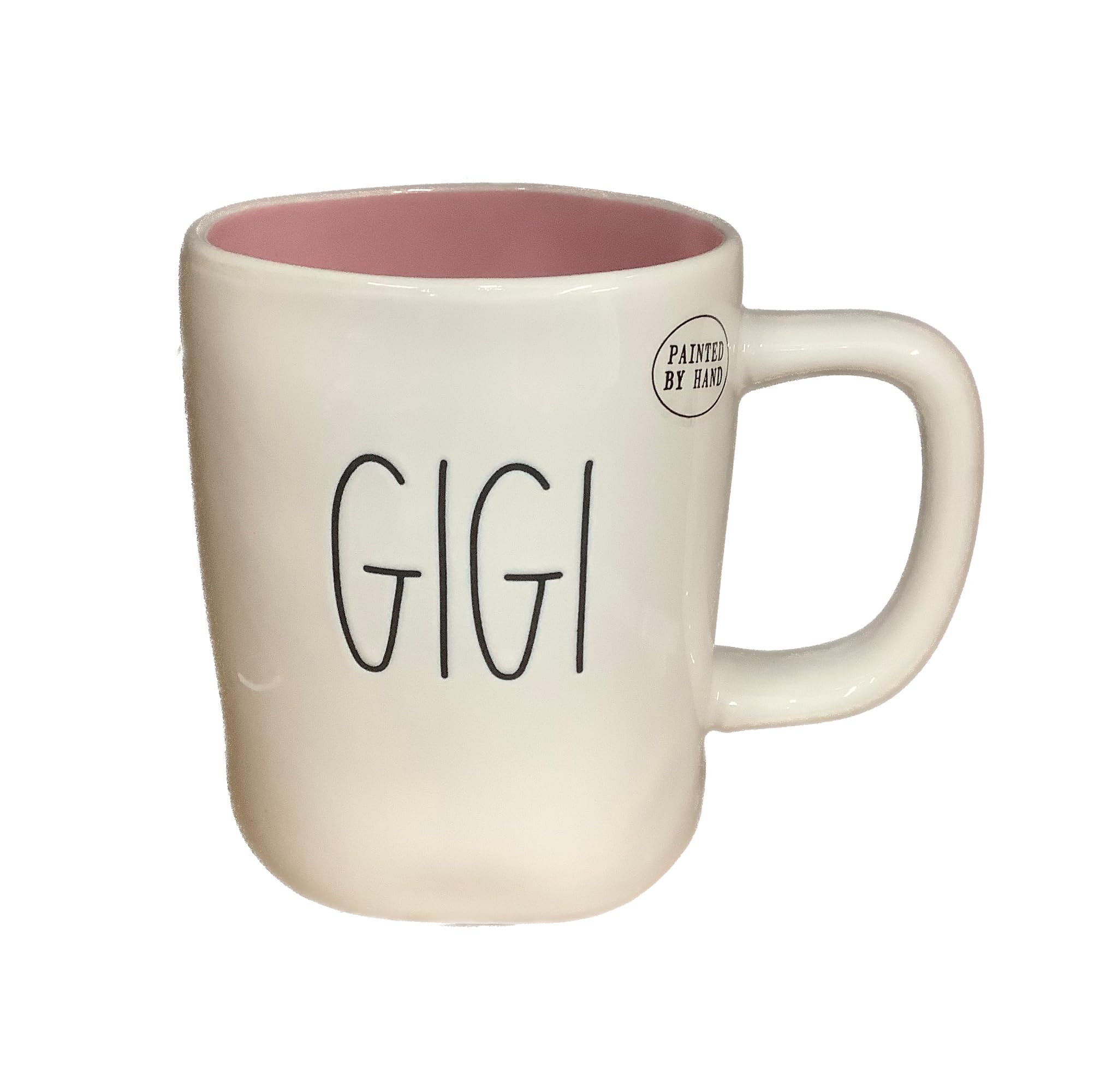 Rae Dunn GIGI Ceramic Coffee Mug, White with Pink Interior & Pink Flower Design