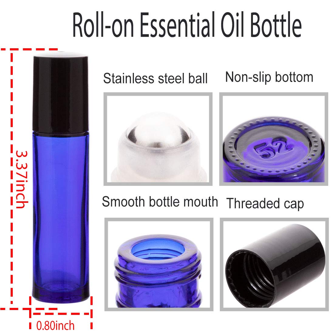 Zizemoja 6Pcs 10Ml Essential Oil Roller Bottles, With Stainless Steel Roller Balls, 10Ml Blue Glass Roll On Bottles For Essentia