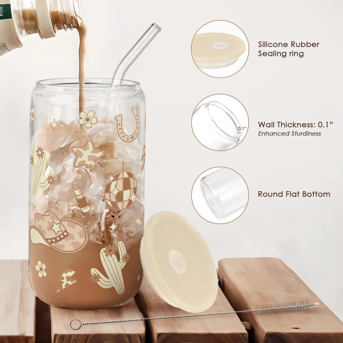 Western Cowgirl 16oz Can Glass Tumbler with Acrylic Lid & Straw, Iced Coffee Cup for Women, Aesthetic Cups Gifts for Birthday Ch