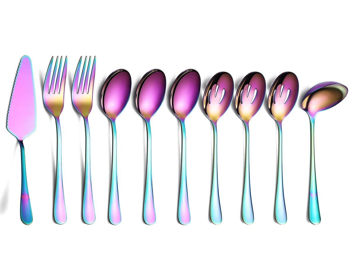 Rainbow 10-Piece Serving Flatware Silverware Set,Stainless Steel Serving Utensil Set,Include Slotted Serving Spoon, Serving Spoo