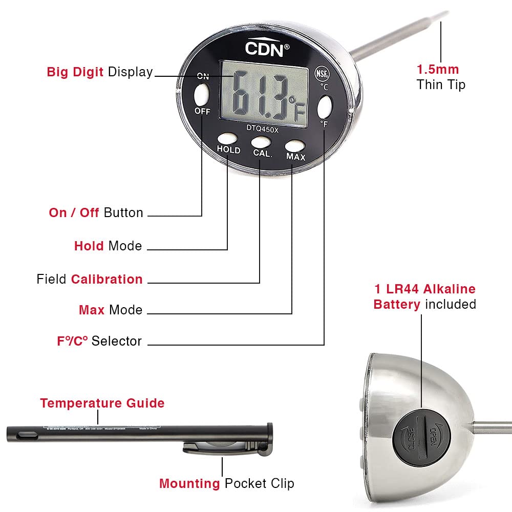Cdn Thin Tip Thermometer | Proaccurate, 4.75 Stem, Digital, Hold, Max, Waterproof, Nsf Certified, Ideal For Cooking, Brewing -