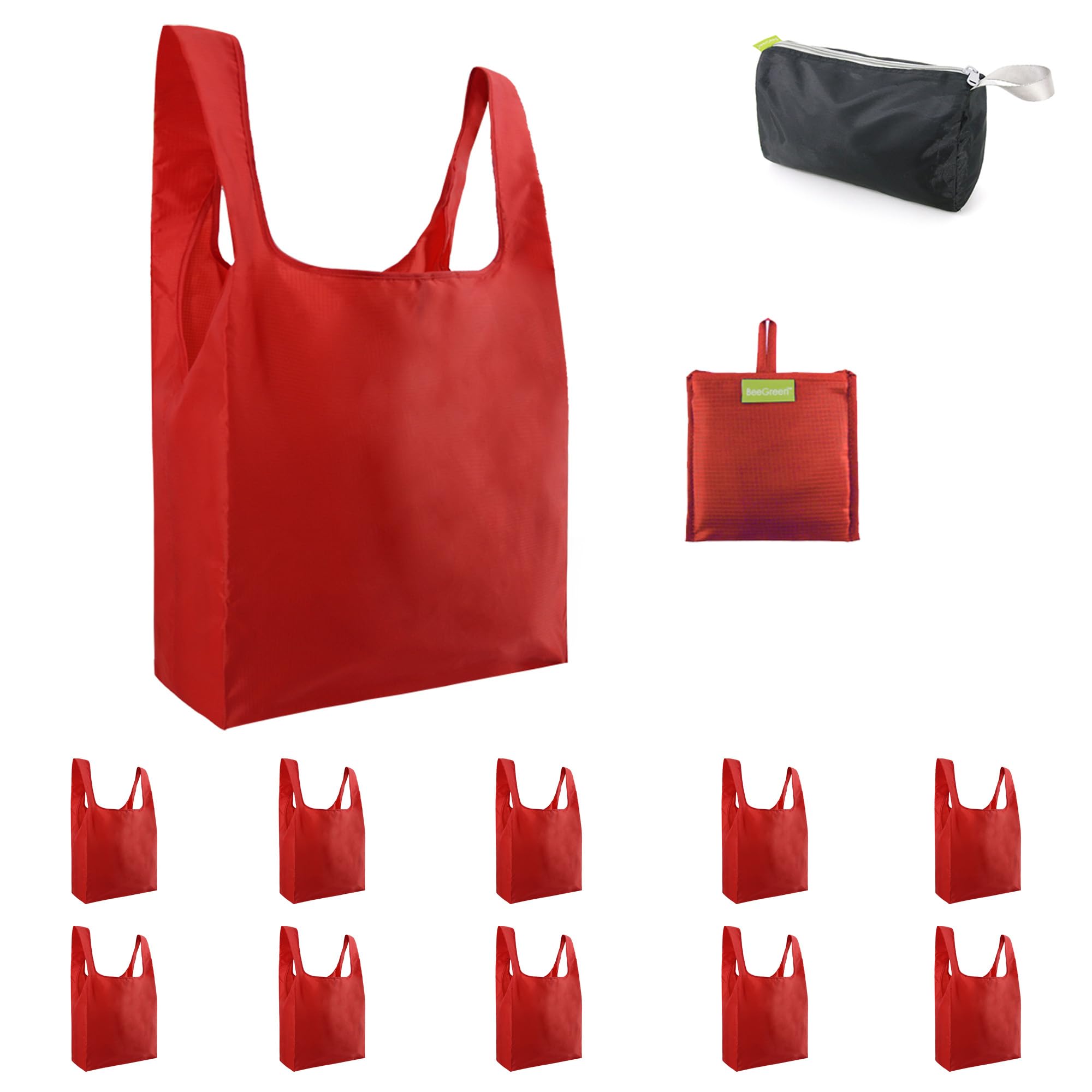 BeeGreen Christmas Red Reusable Grocery Bags with Zipper Storage Pouch 10 Packs Red Reusable Shopping Bags Bulk Foldable-Machine