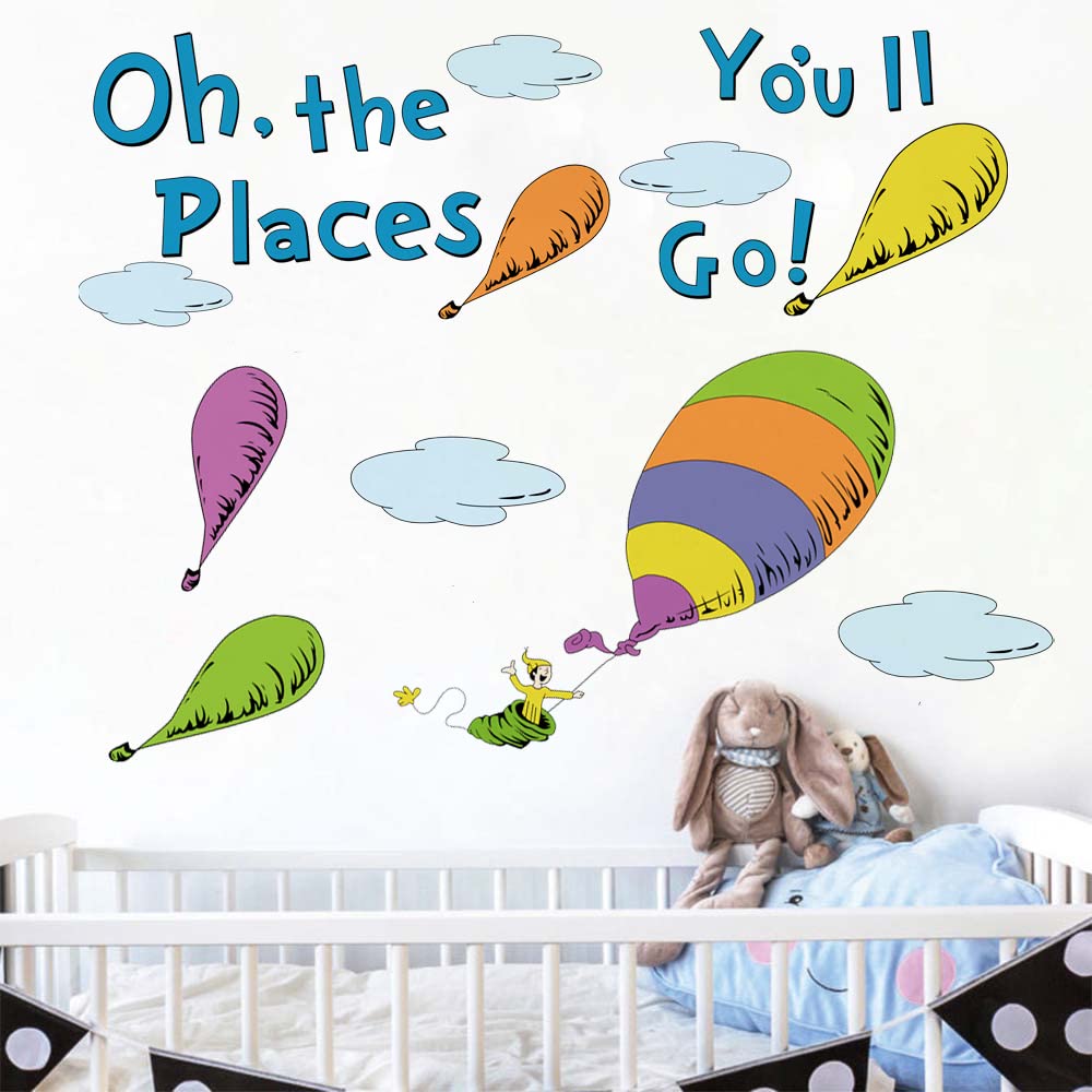 Runtoo Oh The Places You'Ll Go Wall Art Decal Inspirational Quotes Hot Air Balloon Wall Stickers Kids Reading Room Playroom Bedr