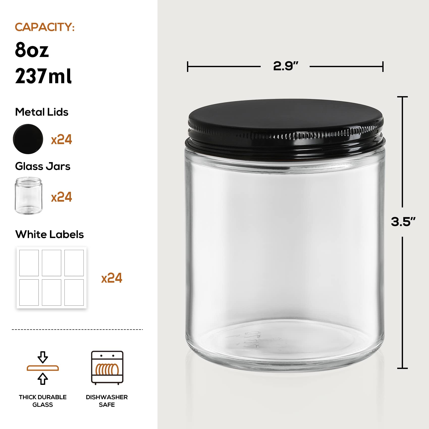24 Pack, 8 Oz Thick Glass Jars With Metal Lids, Clear Round Candle Making Jars,Empty Food Storage Containers, Mason Canning Jar