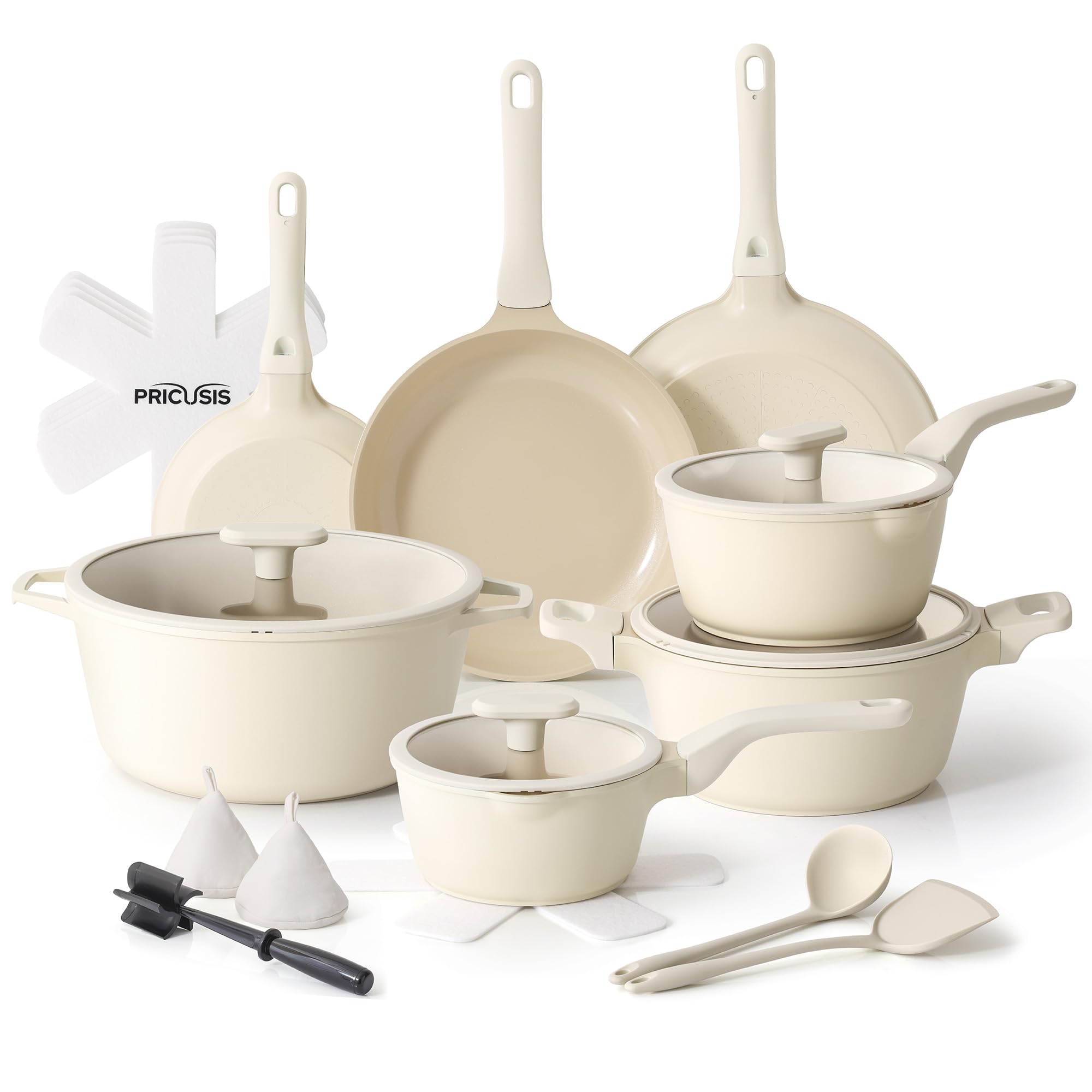 PRICUSIS Ceramic Pots and Pans Set Nonstick, 21Pcs Nontoxic Induction Cookware Set, 100% Dishwasher Safe, Stay Cool Handle, Full