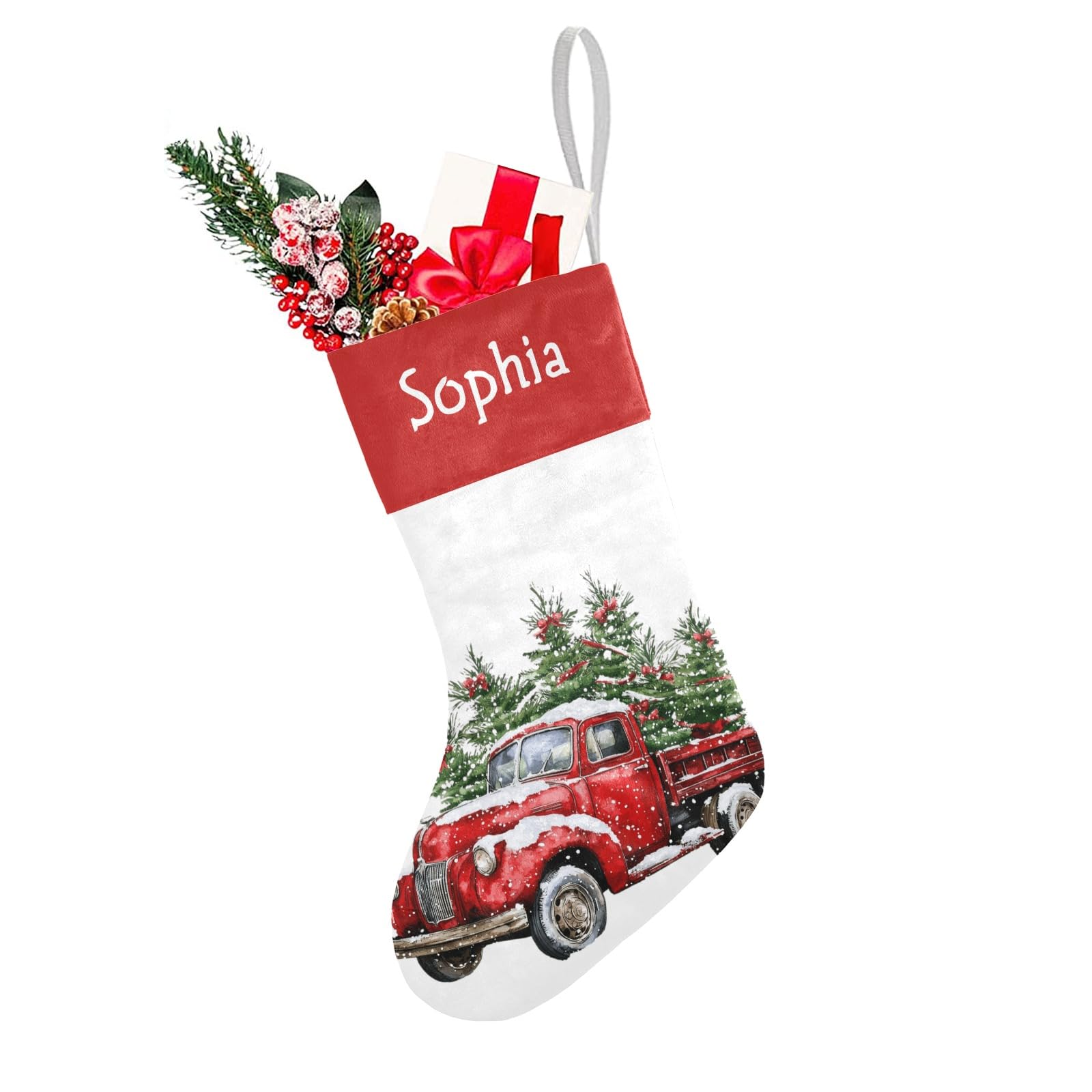 Red Truck with Christmas Christmas Stocking with Name Custom Xmas Stockings for Family Wedding Party Decor 17.52 x 7.87 Inch