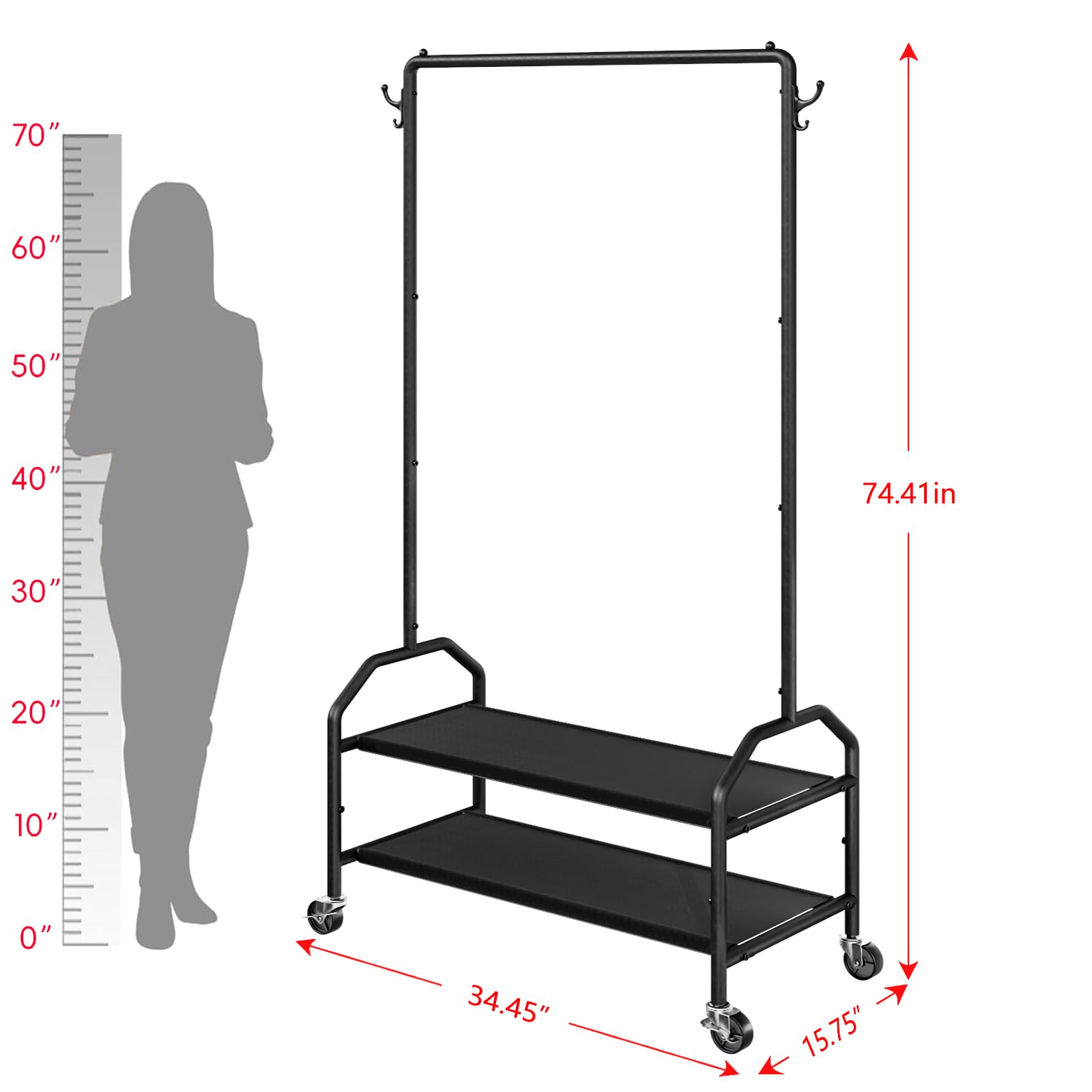 Wiracks Clothes Rack For Hanging Clothes With Bottom Shelves Rolling Clothing Racks 2'' Industrial Wheels 35''W X 16''D X 75''H