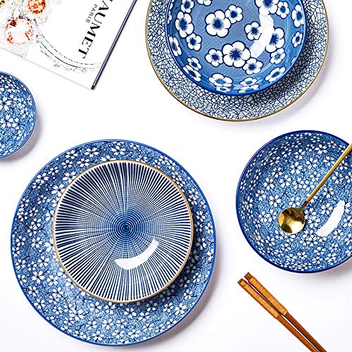 Kylimate 9.1'' (23Cm) Porcelain Bowl Set, 34 Ounce, Set Of 4, Shallow Bowls For Pasta, Salad, Cereal, Assorted Four Classical Bl