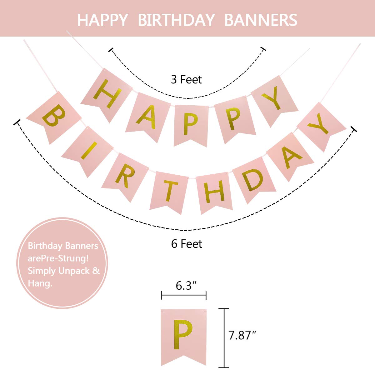 Litaus Rose Gold Birthday Decorations - Pack Of 20 | Happy Birthday Banner, Tissue Paper, Swirls, Garland | Happy Birthday Decor
