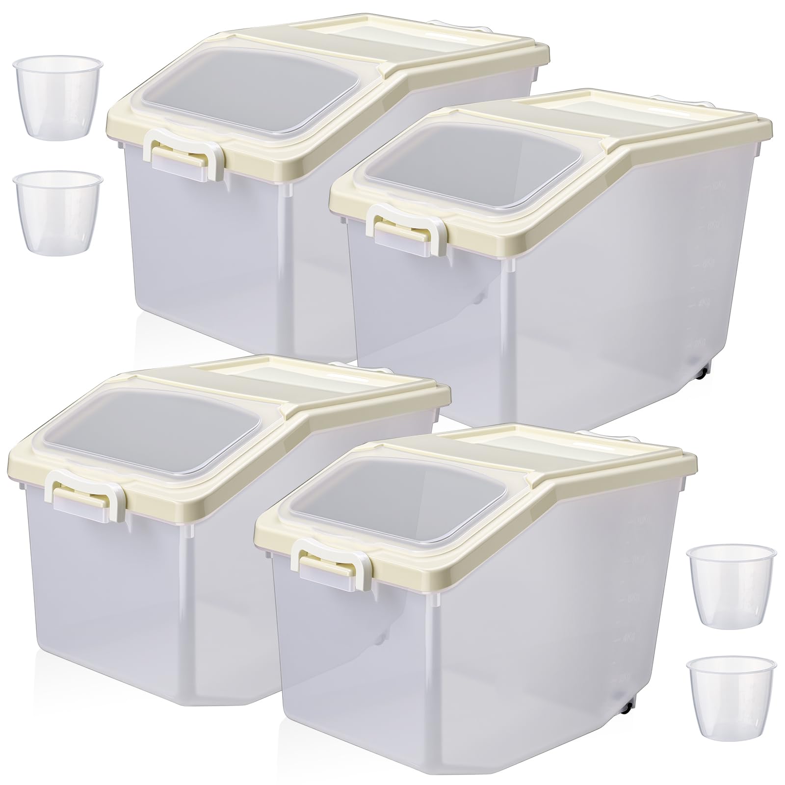 Sunnyray 4 Pcs Rice Storage Container Bulk 27.6 lb Airtight Flour Container with Wheels and Lids Measuring Cup Clear Pet Food Do