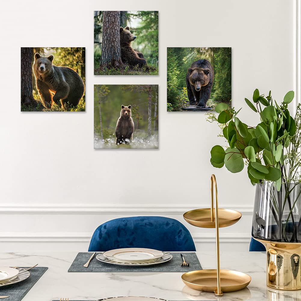 Otostar 4 Pieces Wall Art Canvas Prints - Forest And Bear Picture Painting - Modern Wall Artwork Framed For Gifts Bathroom Home