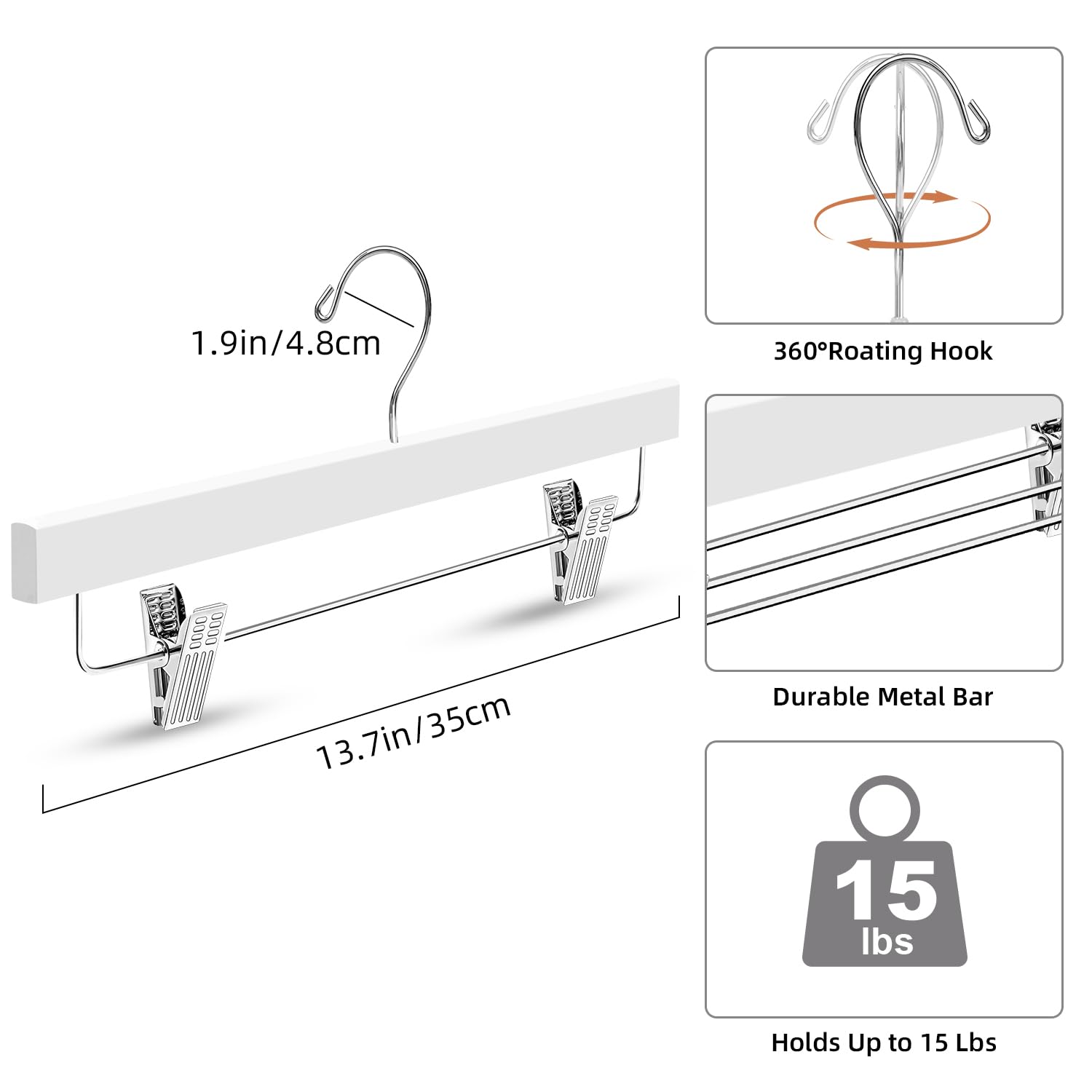 Bagail Wooden Pants Hangers With Adjustable Clips, 360Swivel Hook Space Saving Skirt Holders With Anti-Rust Clips For Trousers,
