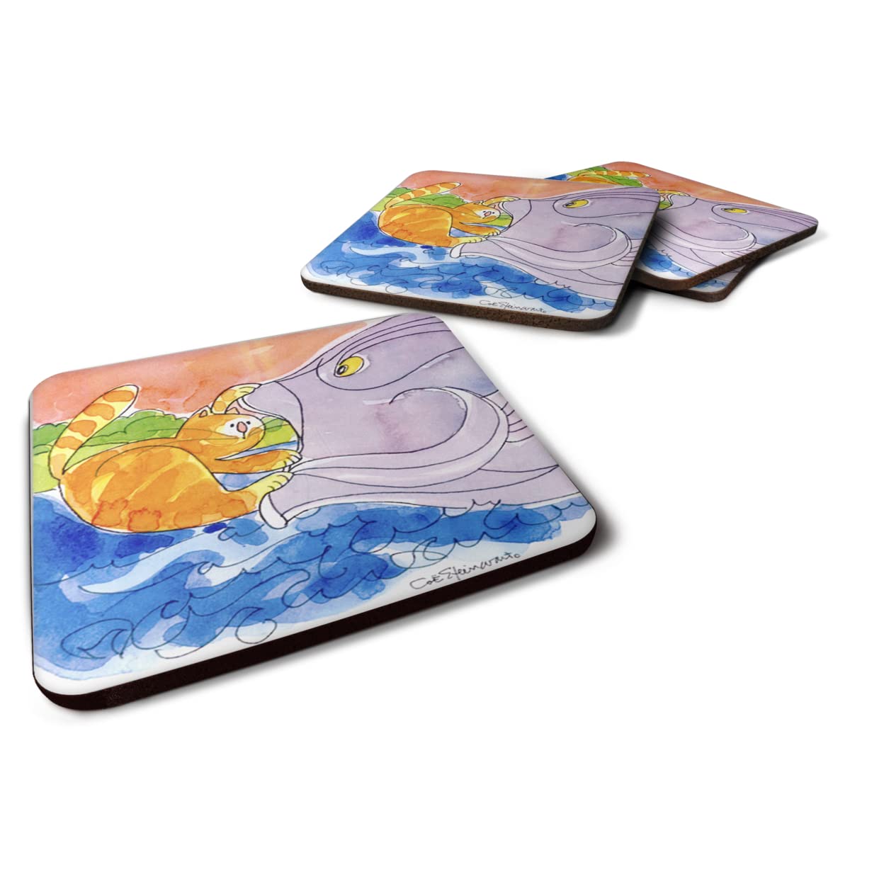 Carolines Treasures Cat and the Big Fish Foam Coasters (Set of 4), 3.5 H x 3.5 W, Multicolor