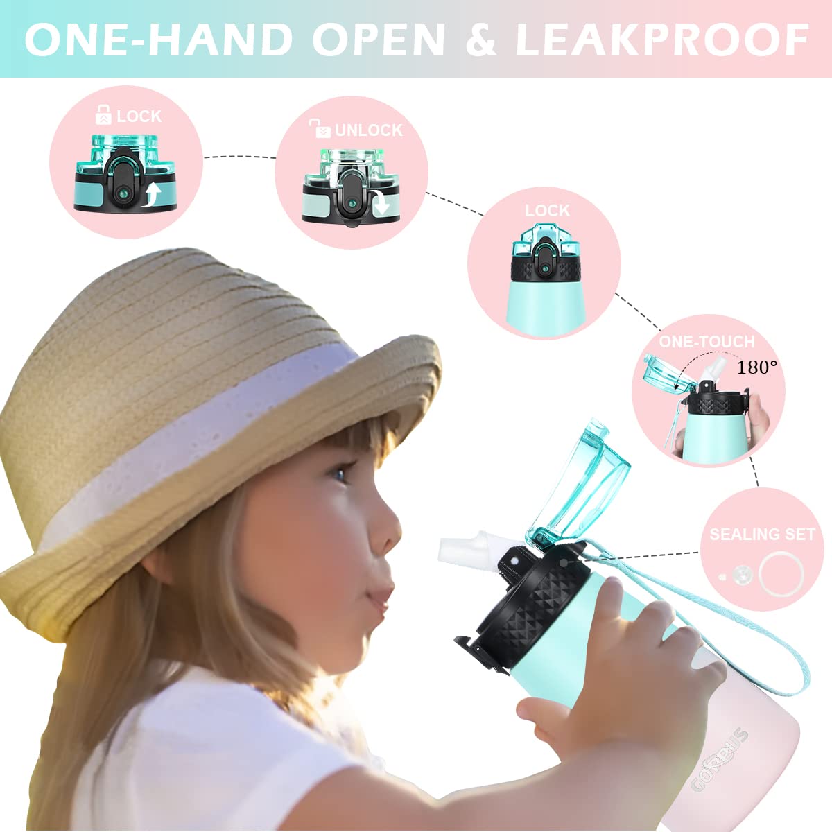 Goppus 12 Oz Kids Water Bottle With Straw Lid & Spout Lid Vacuum Insulated Stainless Steel Cup Double Wall Kids Metal Water Bott