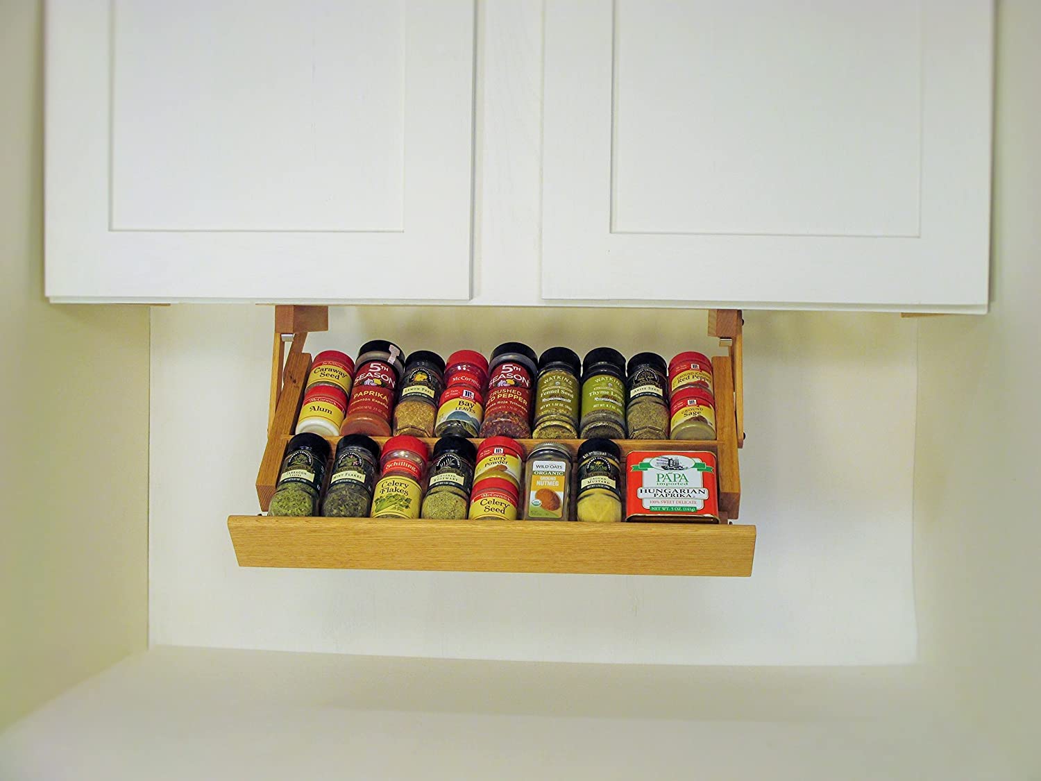 Makimoo Kitchen Spice Rack - Handmade Hardwood, Holds 16 Large Containers, 19.5" Wide, Colonial Maple, Model MK1021