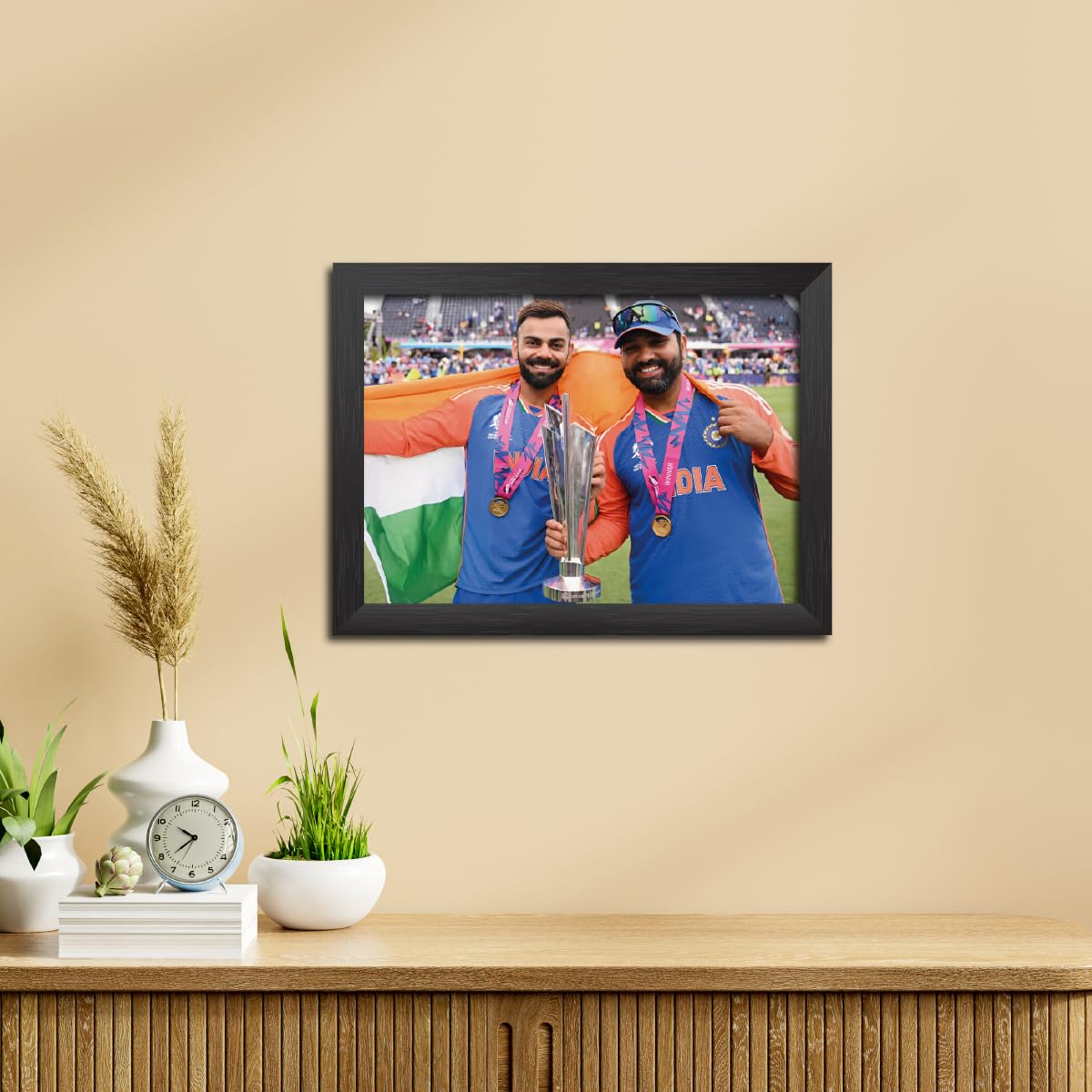 TenorArts Rohit Sharma Virat Kohli Worldcup Poster Indian Cricket Photo Framed Painting with Matt Finish Black Textures (12 inch