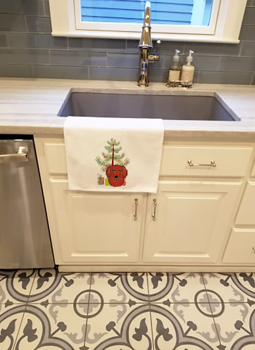 Christmas Tree and Longhair Red Dachshund White Kitchen Towel Set of 2