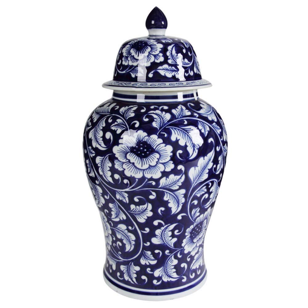Benjara Floral Design Ginger Jar with Lid, Blue and White