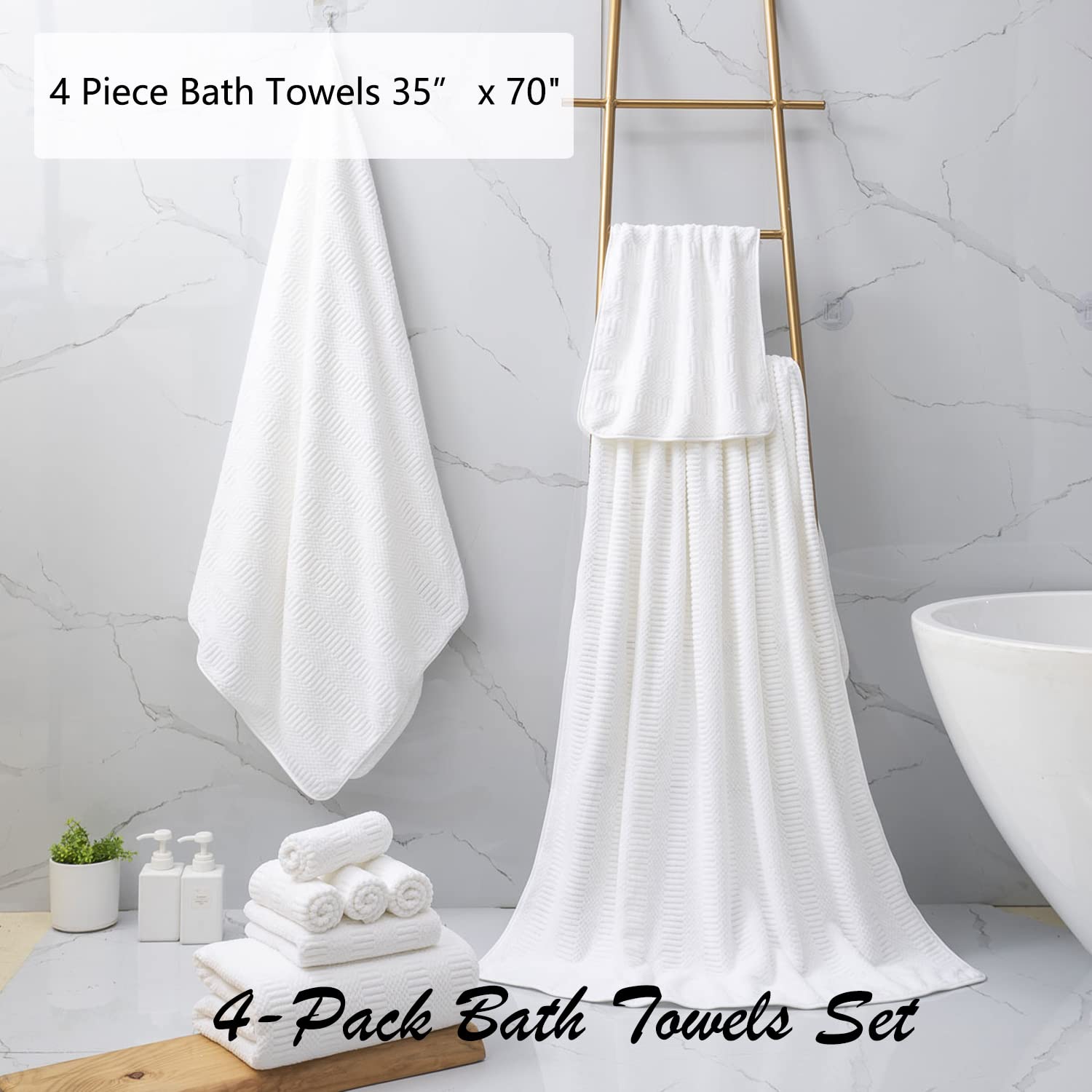 4 Piece Large Bath Towel Set 35''x70'' White Extra Large Bath Sheets Oversized Jumbo Towels 600GSM Soft Highly Absorbent Quick Dry Beach Chair Towels Woven Towels for Bathroom Hotel and Spa