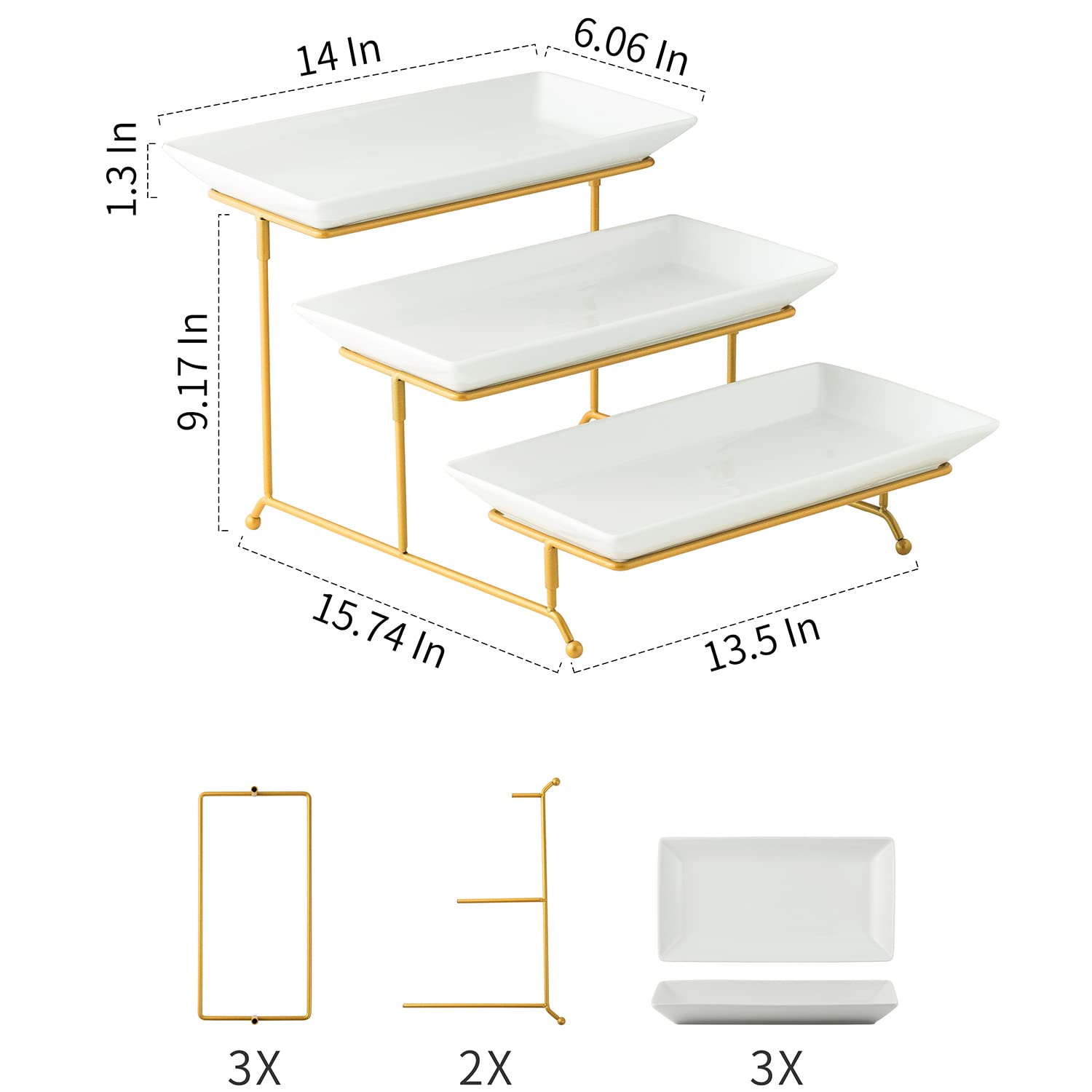 Gomakren 3 Tier Serving Stand With Porcelain Serving Platter Tray - Collapsible Gold Stand With 3 Piece Large14 Inch White Plate